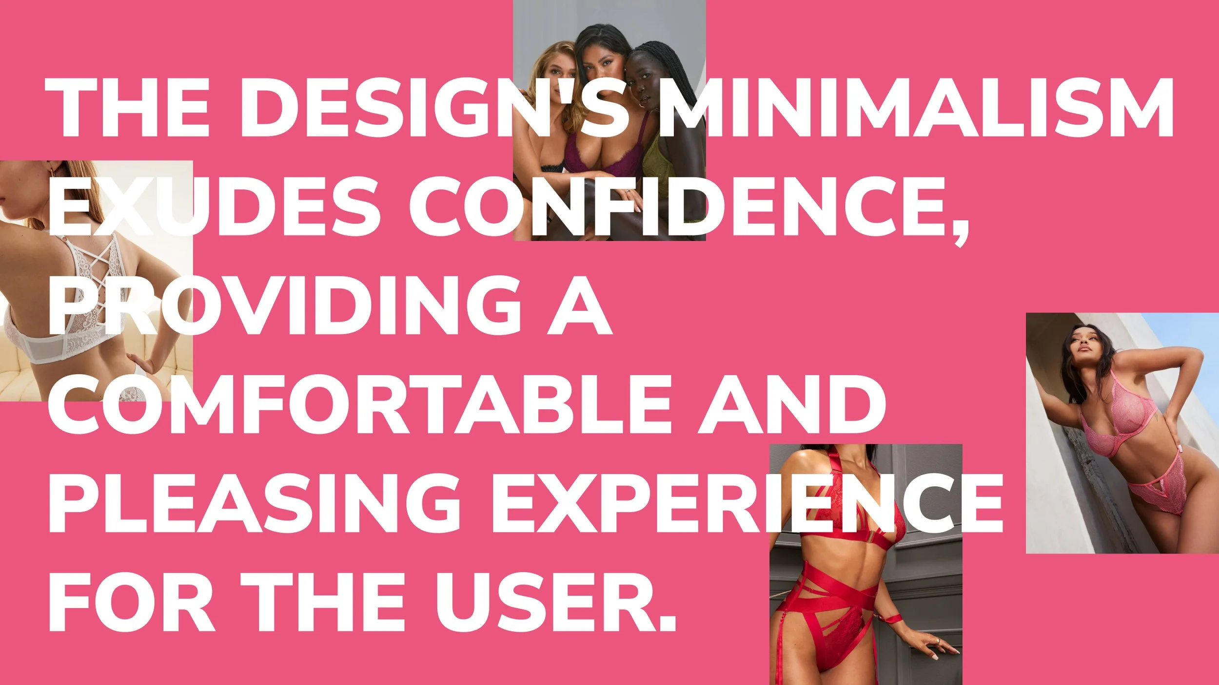 A collage with a pink background, featuring text about minimalism in design and several images of women in lingerie and revealing outfits in various poses.