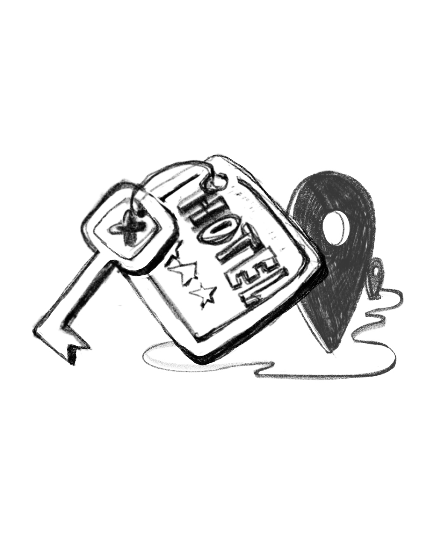 Black and white sketch of a motel key inside a keychain with a tag, attached to a large map marker icon.