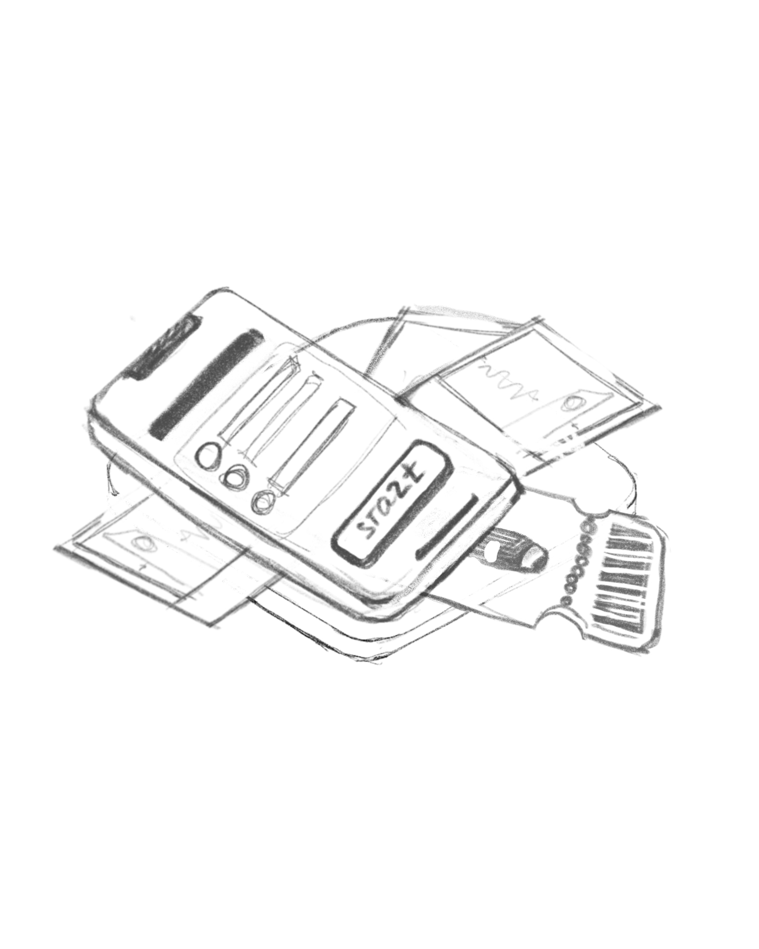 A sketch of a smartphone displaying a total of 1420, with credit cards, cash, and a luggage tag nearby.