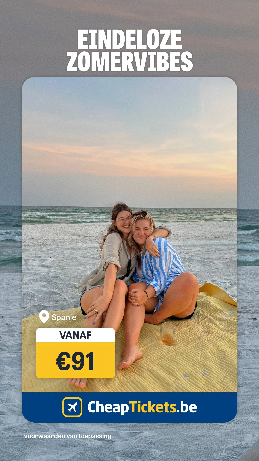 A promotional banner for CheapTickets, featuring a photo of two women sitting on a beach at sunset, smiling and hugging each other. The banner indicates ticket prices starting from €91 for travel to Spain.