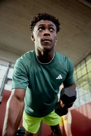A young man in a gym holding a dumbbell, wearing a green athletic shirt and yellow shorts, with a focused expression.