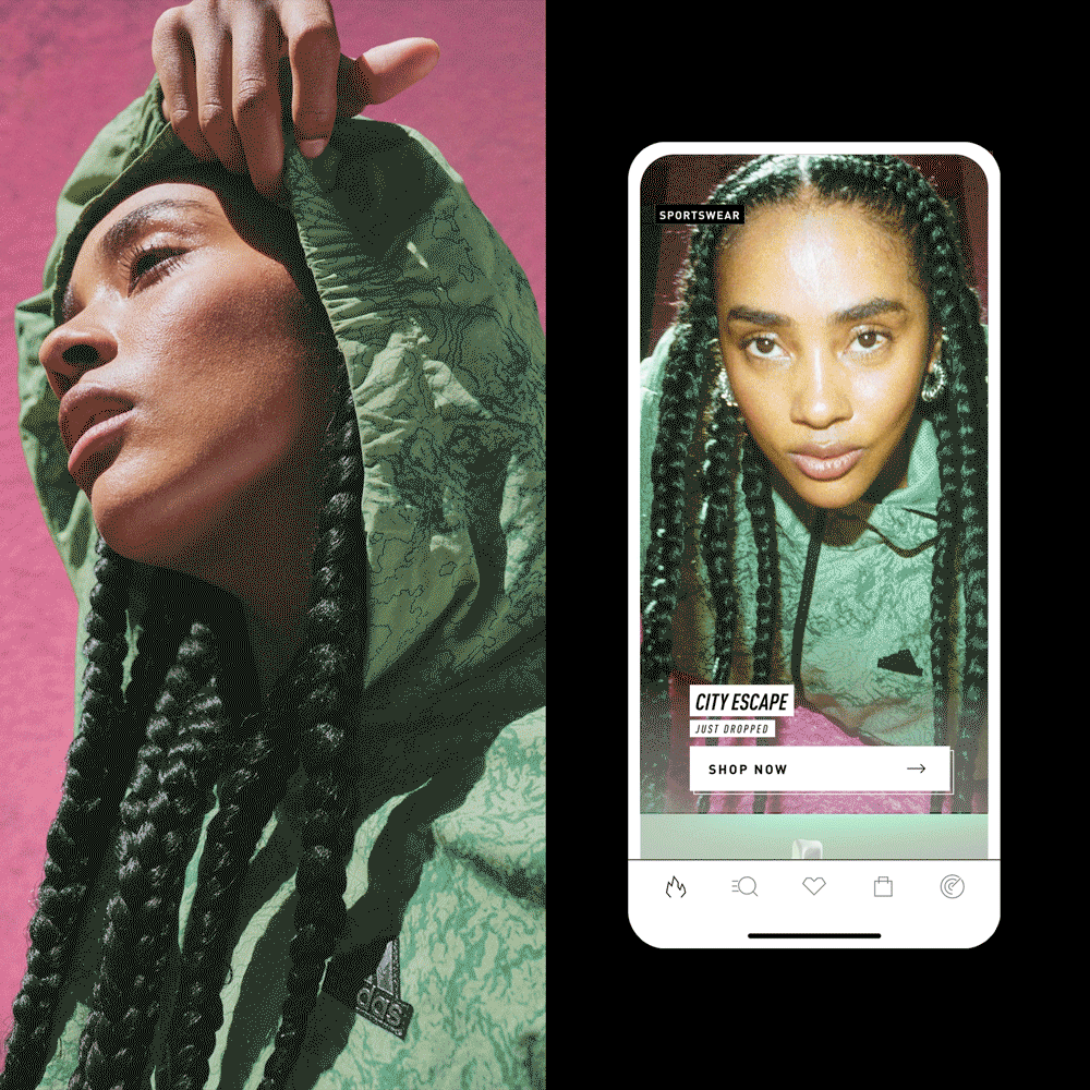 A woman with braided hair wearing a green sports jacket poses outdoors against a pink background, with a smartphone displaying her image and fashion advertisement overlays.