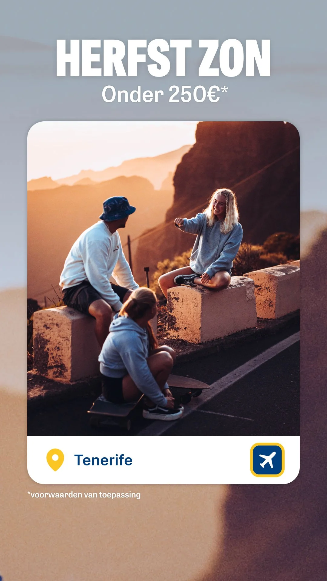Travel poster advertising trips to Tenerife with a sunset in the background, showing three young women sitting and talking on the roadside, with one girl holding a skateboard.