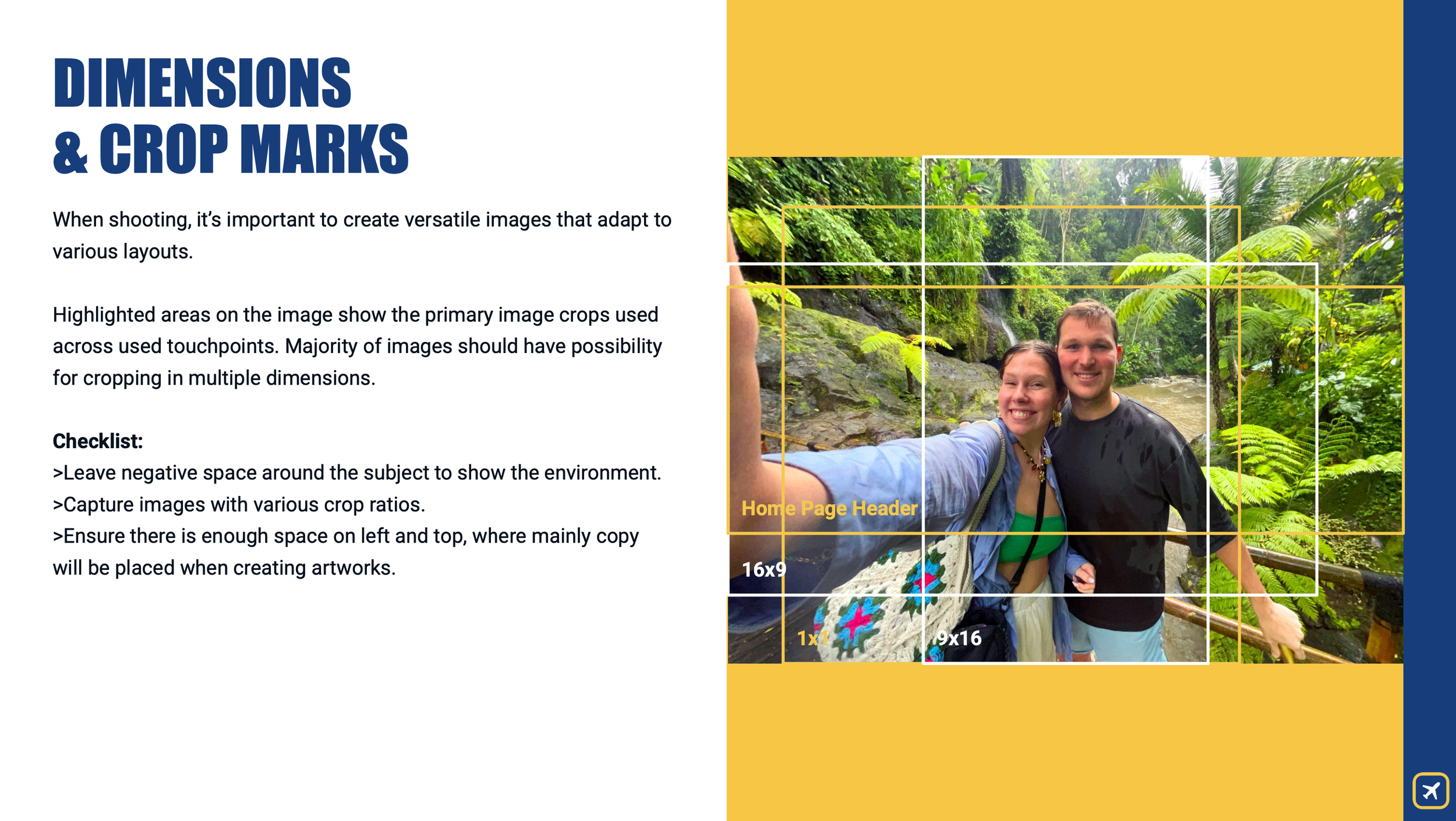 A man and woman smiling for a selfie in a lush, green jungle environment with a small waterfall in the background, overlaid with cropping guidelines and text annotations.