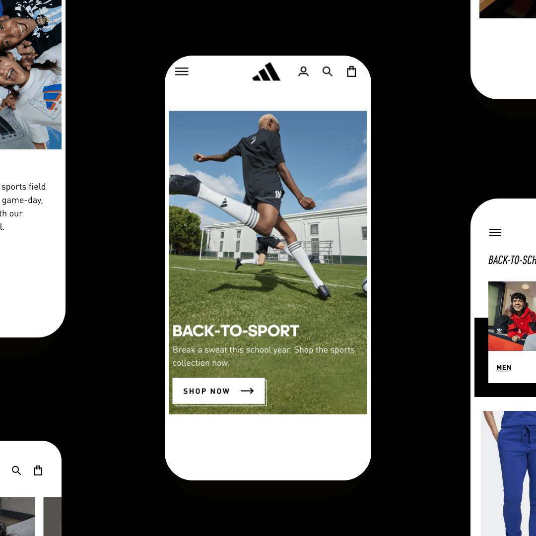 A mobile phone displaying a sportswear advertisement featuring a soccer player kicking a ball on a field, with a building and trees in the background. The ad promotes back-to-school sports apparel with a "Shop Now" button.