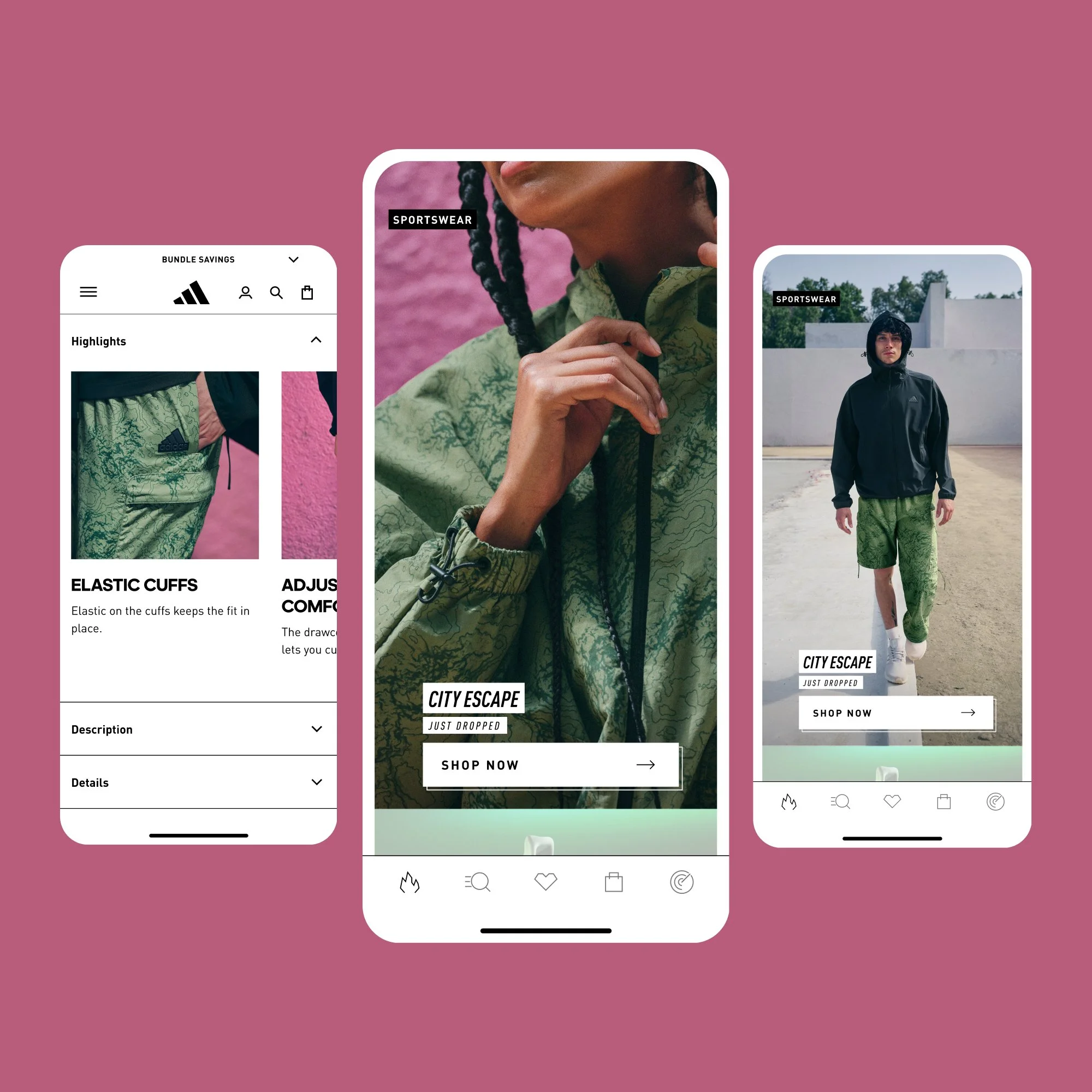 Three smartphones displaying a sportswear brand website, with models showcasing green camouflage clothing, against a pink background.