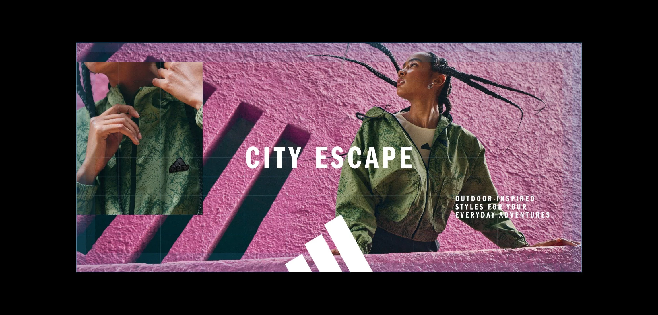 A fashion advertisement featuring a woman with braided hair wearing a green camouflage jacket against a pink textured wall with geometric shadows. Includes inset close-up of the jacket and the text 'City Escape' and 'Outdoor-inspired styles for your everyday adventures.'