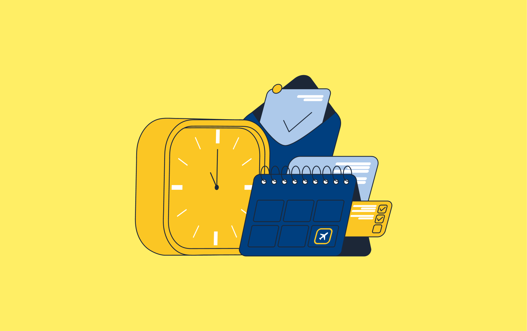 Illustration of a yellow clock, calendar, airplane ticket, checkmark, and documents on a yellow background, representing travel planning and time management.