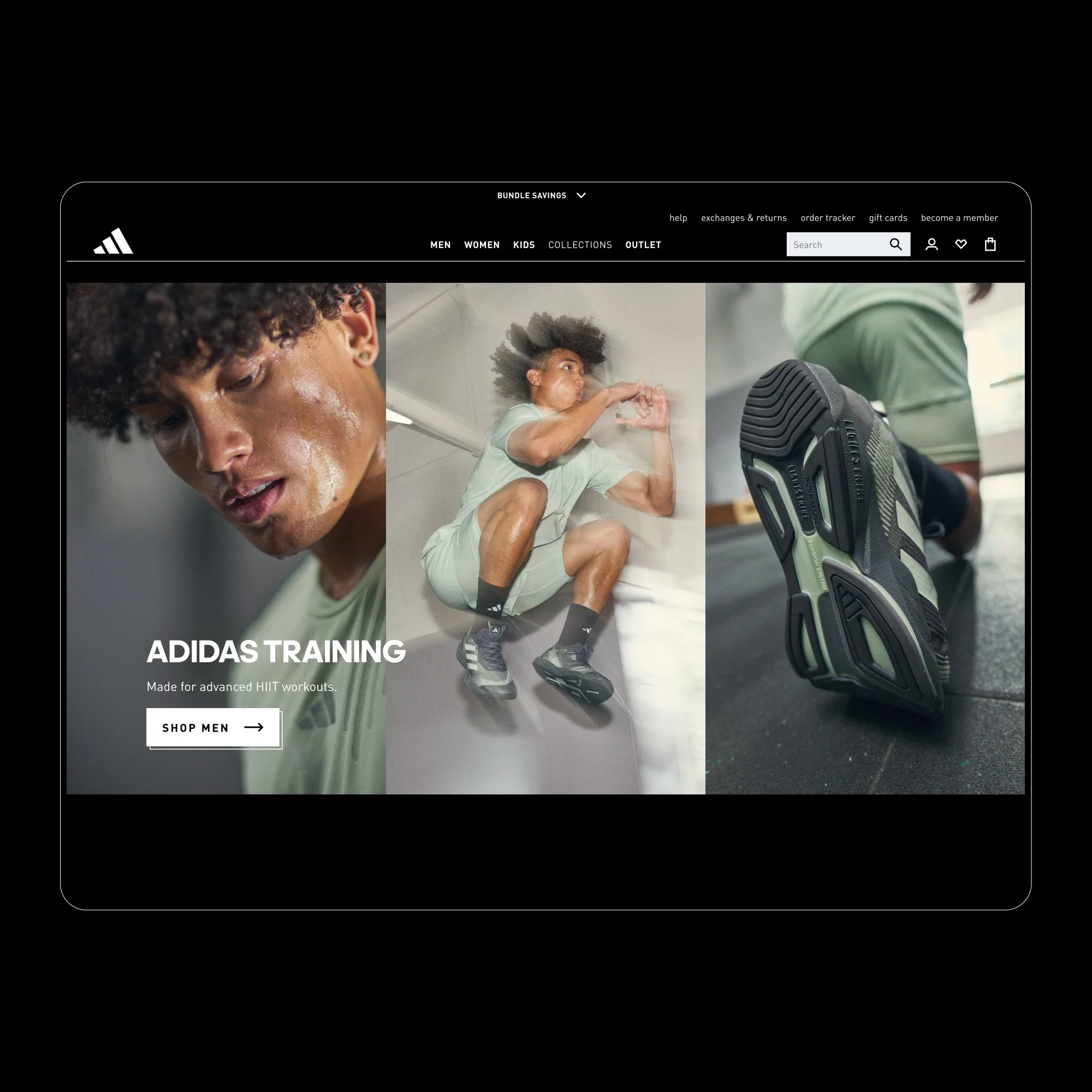 Screenshot of Adidas website featuring men's training shoes and activewear, with images of a man sweating, a person exercising, and a close-up of a shoe sole.