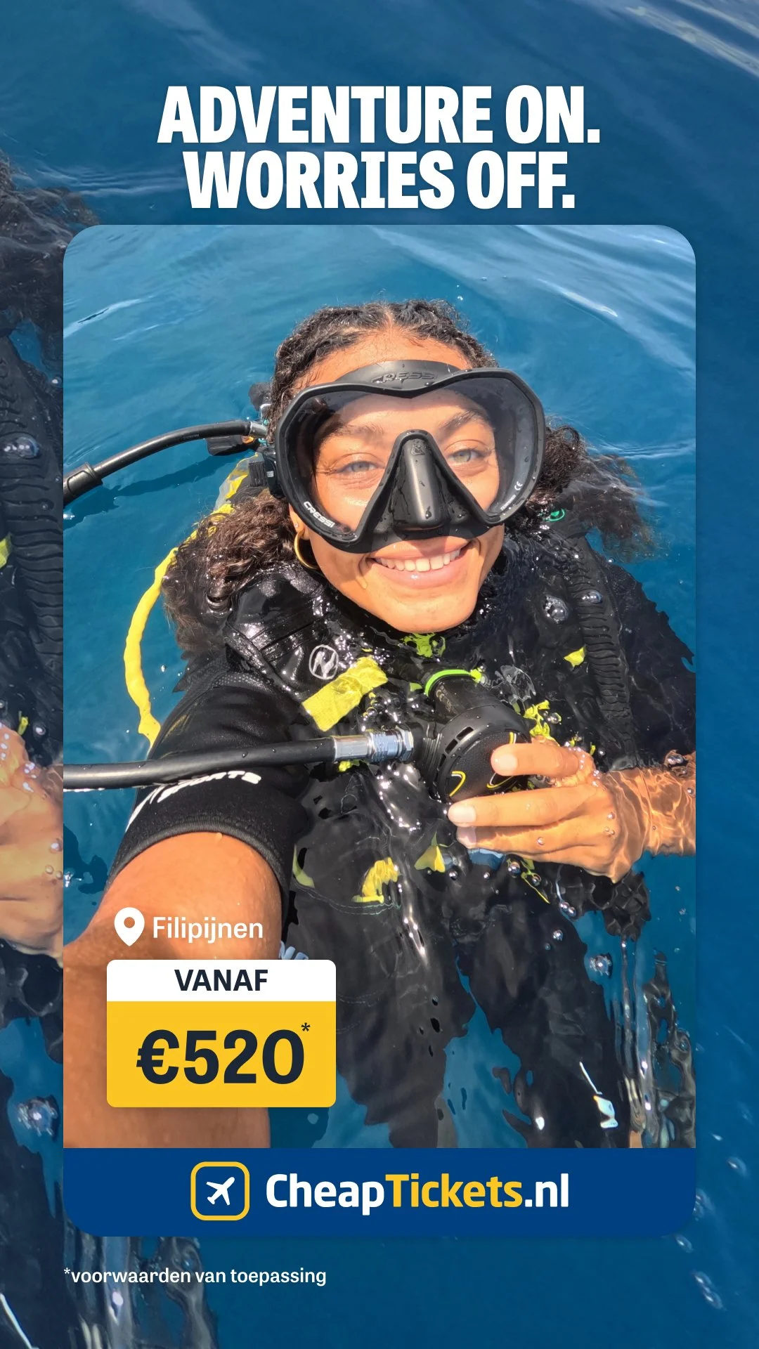 A woman snorkeling in the ocean, smiling, wearing a black wetsuit and diving mask. Text overlay promotes adventure travel in the Philippines with prices starting at 520 euros, offered by CheapTickets.nl.