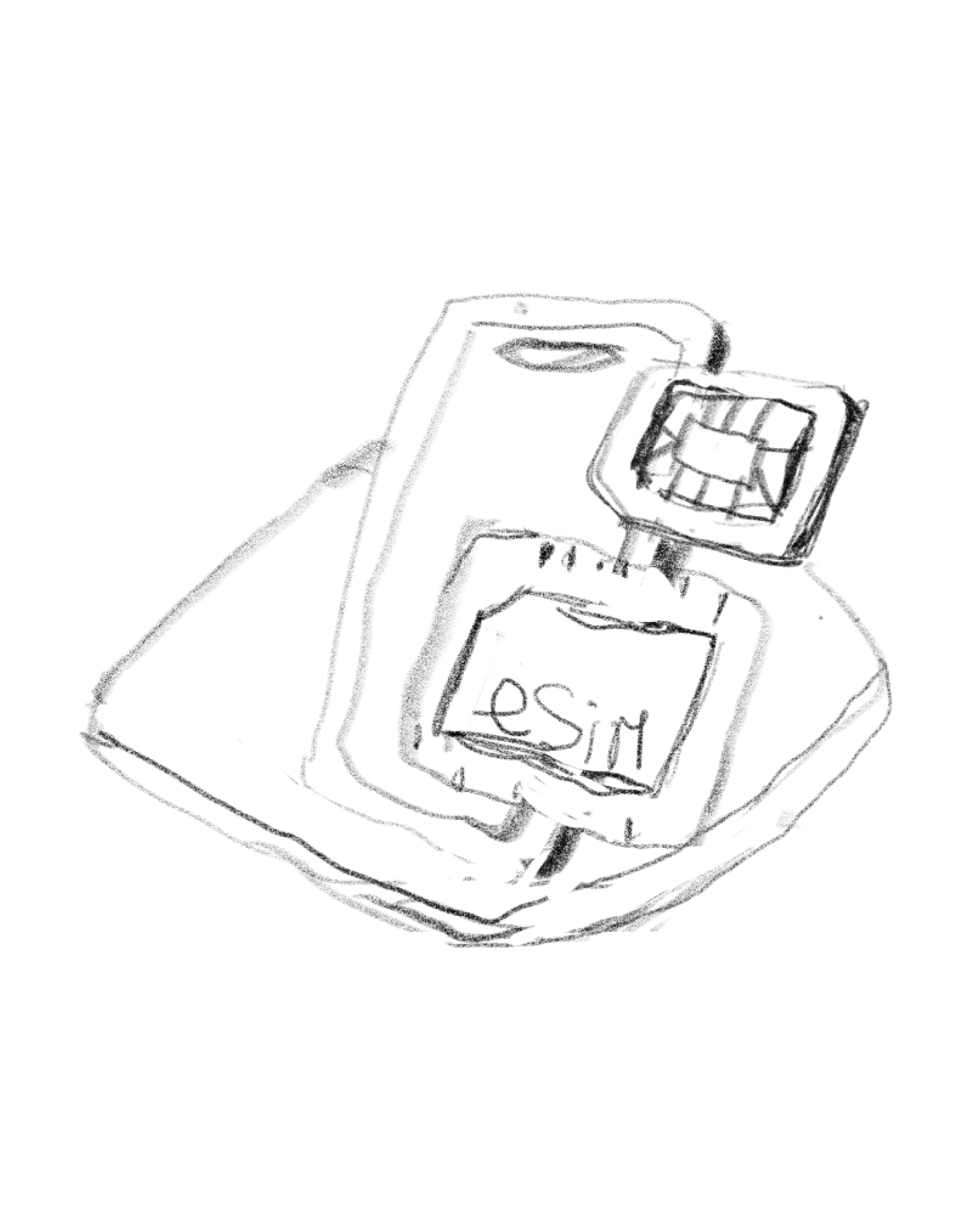 Sketch of a computer monitor, tablet, and keyboard with the word 'esign' on the tablet screen.