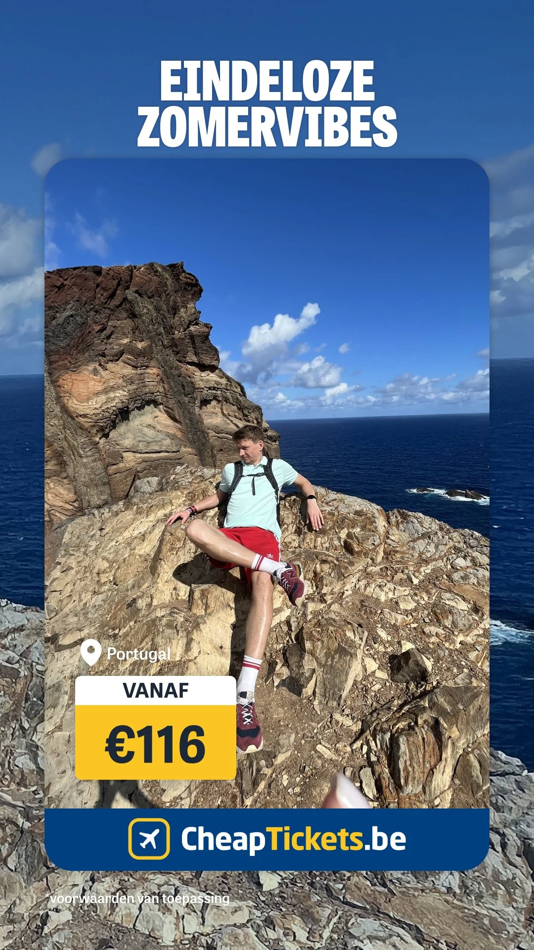 A young man sitting on rocky cliffs in Portugal with the ocean in the background, promoting travel tickets to Portugal from €116 on CheapTickets.be.
