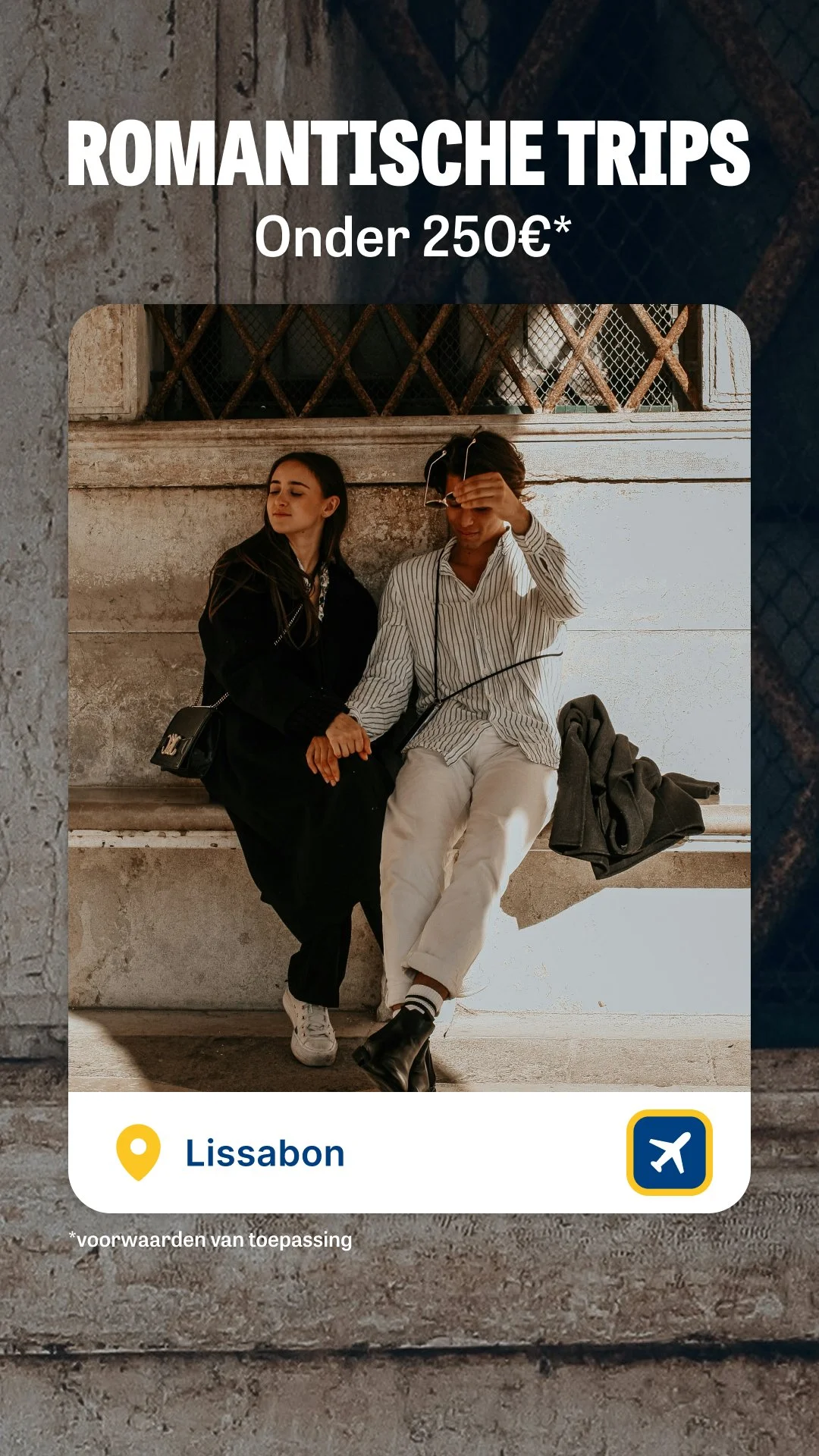 Two young people sitting on a bench against a stone wall, holding hands. One is a woman with long brown hair wearing a black coat, and the other is a man with short hair wearing a striped shirt and white pants. They are relaxing outdoors in Lisbon, P