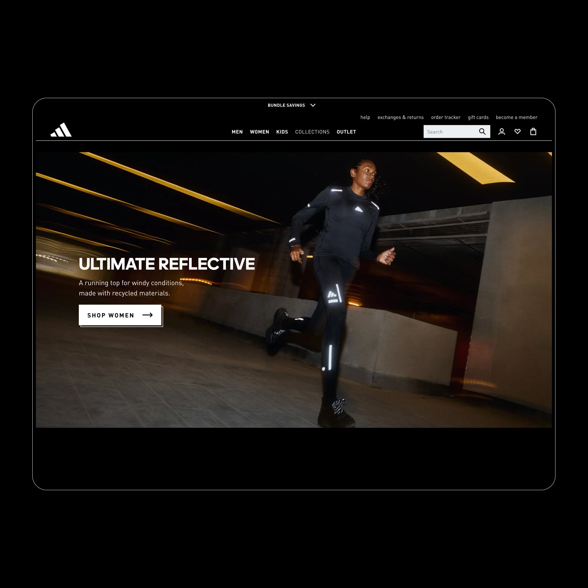 A woman running in a parking garage wearing a black reflective athletic outfit with reflective details that enhance visibility, in an advertisement for reflective running gear.