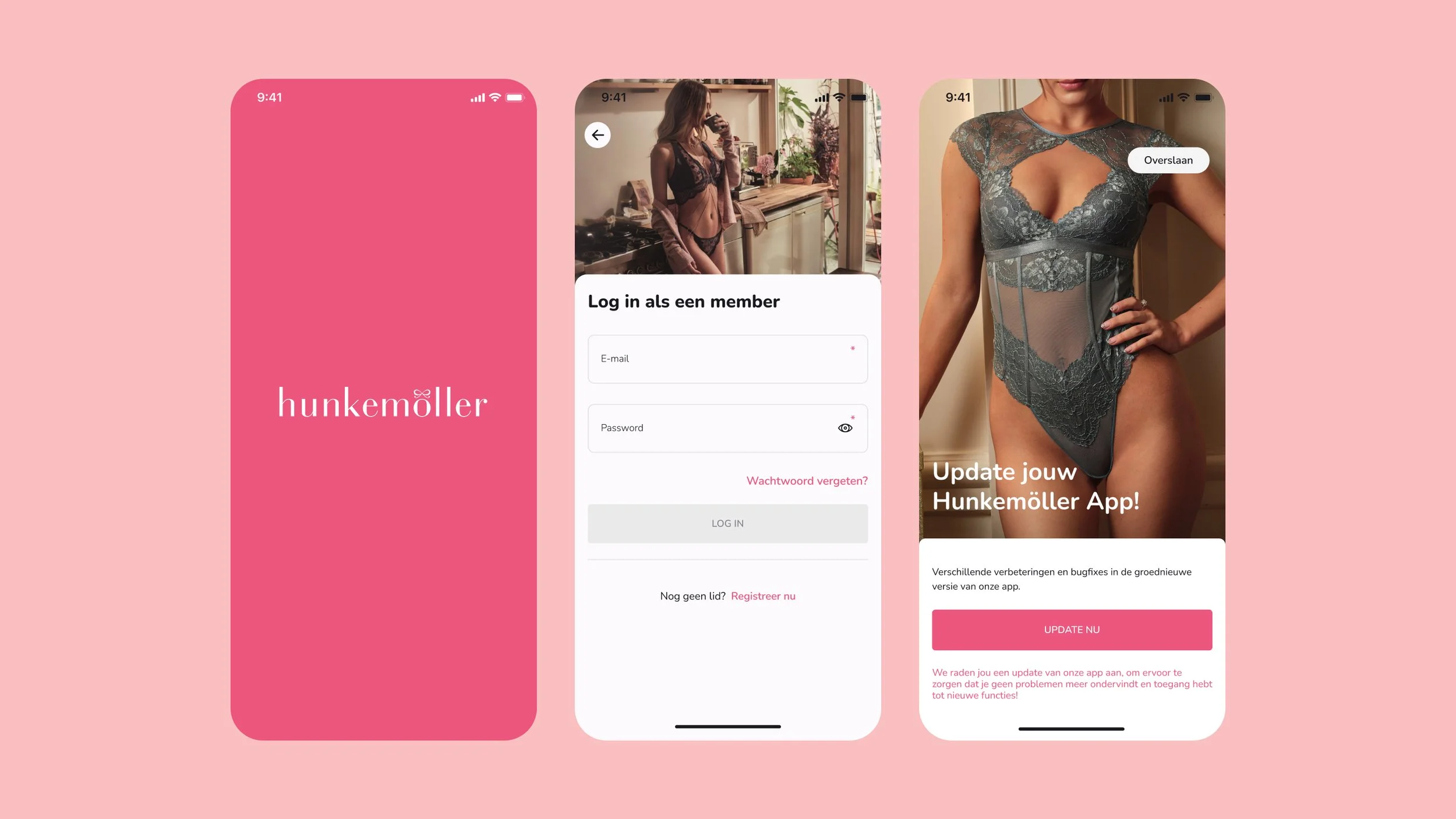 Screenshots of the Hunkemöller mobile app, showing the app splash screen, login page, and update notification. The splash screen has a pink background with the white 'hunkemöller' logo. The login screen shows a woman taking a mirror selfie with a lingerie set, and a login form. The update screen shows a woman in gray lingerie with promotional text to update the app.