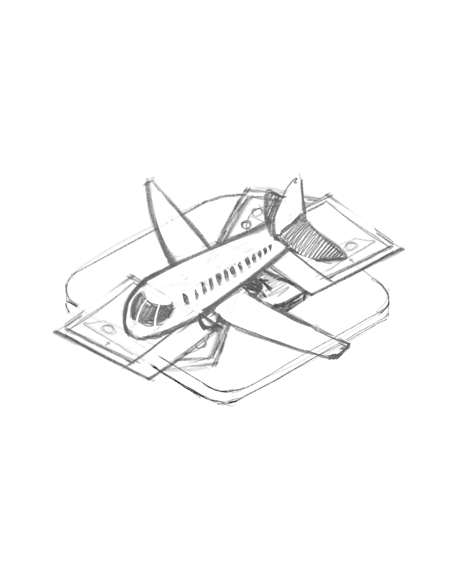 A pencil sketch of an airplane on top of a smartphone and stacks of dollar bills.