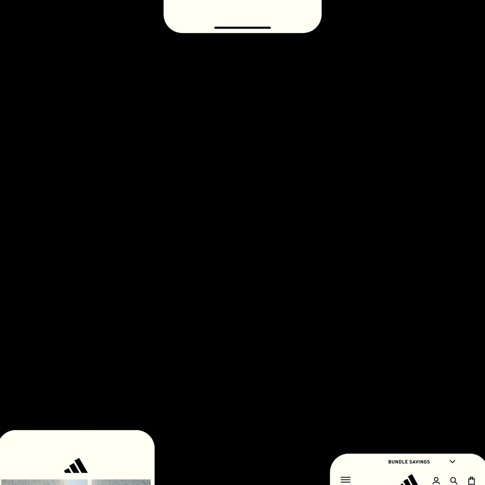 Screenshot of a mobile app interface featuring an Adidas logo, bundle savings text, and navigation icons.