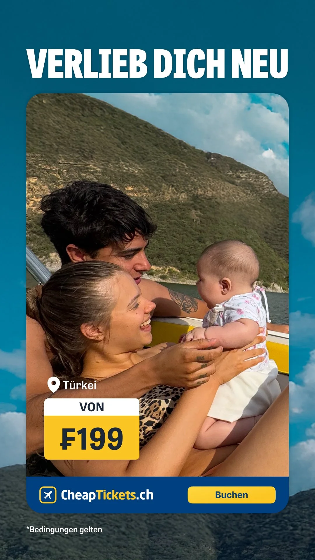 Travel advertisement for Turkey showing a family of three on a boat ride, with mountains and lake in the background, with text in German offering prices from 199 Swiss francs.