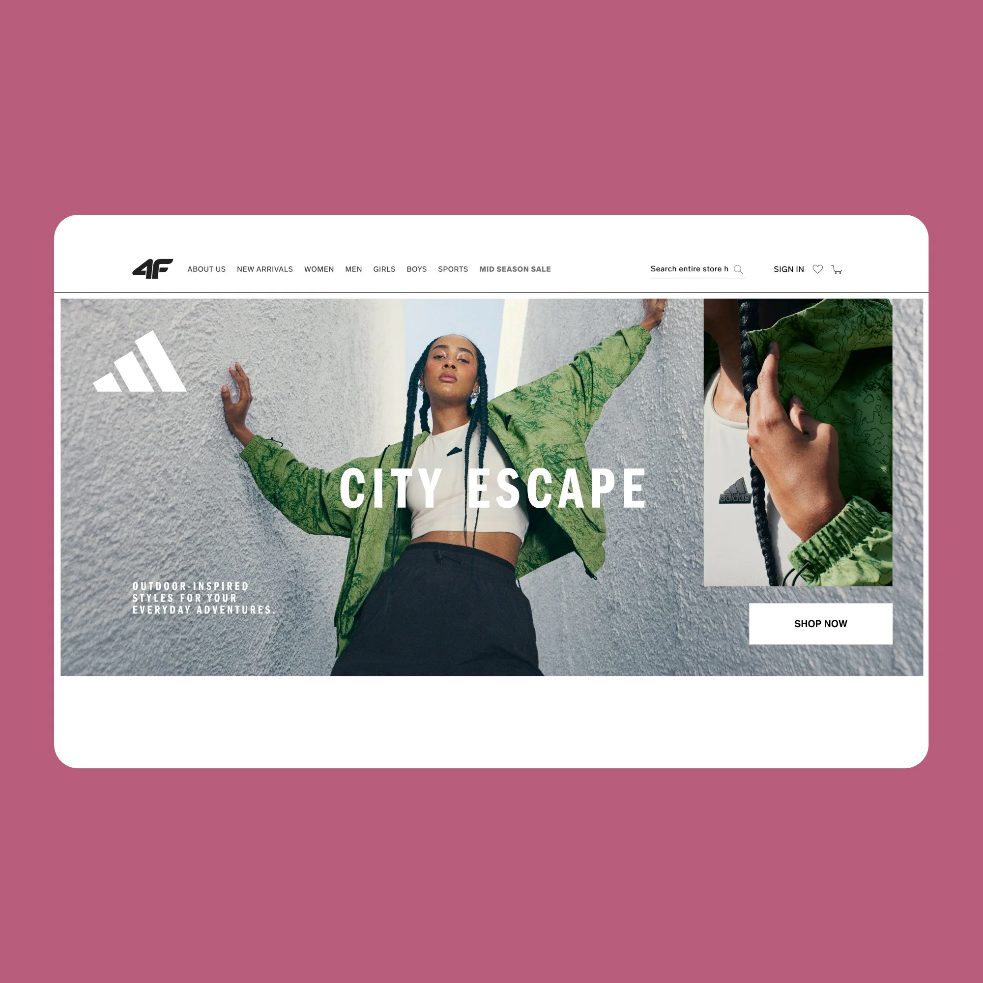 Website homepage featuring a woman in outdoor apparel with the text 'City Escape' and a 'Shop Now' button.