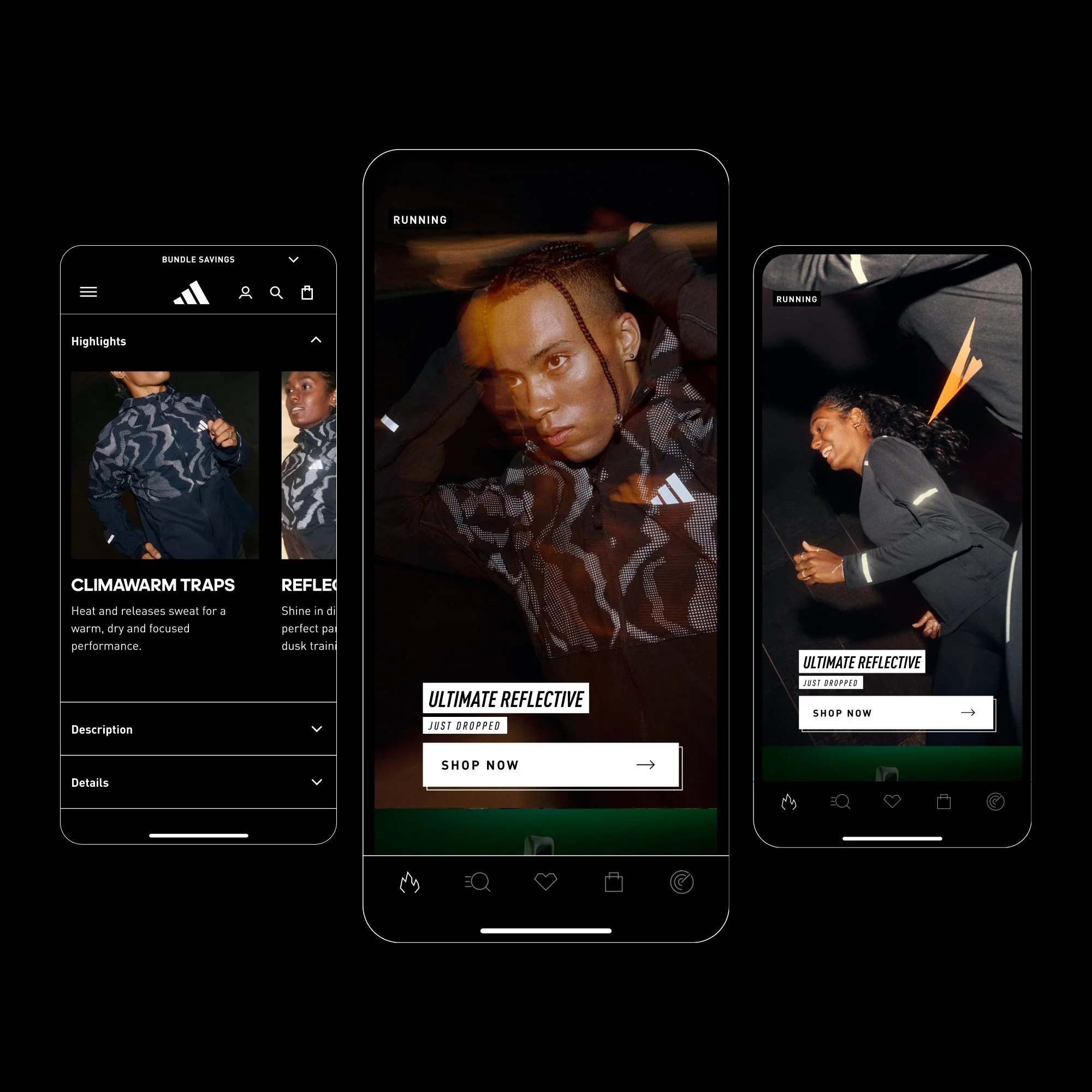 Three smartphones showing an athletic apparel advertisement featuring a woman in black running gear, with text stating "Ultimate Reflective" and "Shop Now." The background is black.