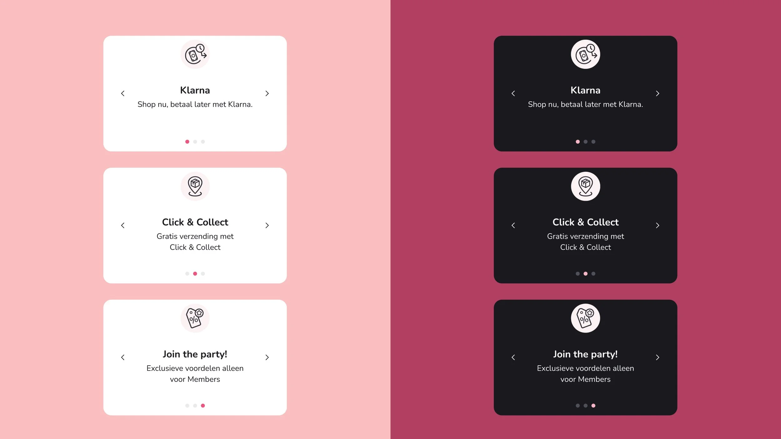 Comparison of mobile app screens, with the left side showing a light theme with pink background and the right side showing a dark theme with maroon background. Each side displays three screens: a Klarna app feature, a Click & Collect feature, and a Join the party! feature, with icons and descriptions.