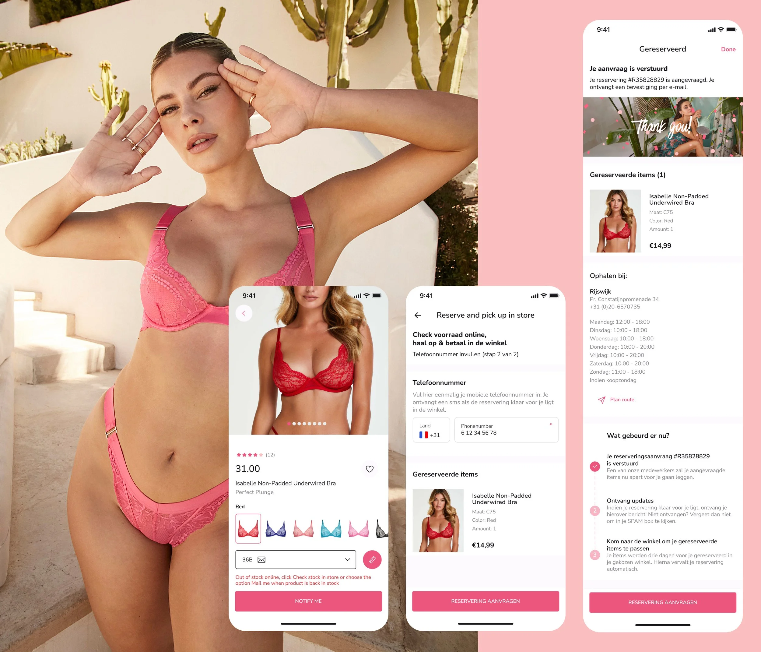 Digital mockup showing a woman in pink lingerie and app screens for purchasing and reserving a red lingerie underwire bra.
