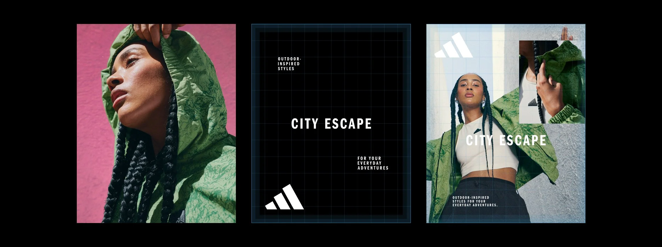 Three panels showcasing outdoor-inspired urban fashion. The left panel features a close-up of a woman wearing a green patterned jacket with a pink background. The middle panel is a black grid with white text reading "City Escape" and subtext "For your everyday adventures," along with athletic brand logos. The right panel displays a woman in a white crop top and green jacket standing against a light-colored wall, with a small inset close-up of her face.