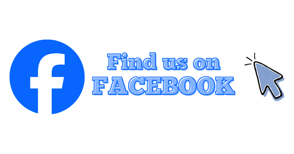 Facebook logo with text 'find us on Facebook' and a computer mouse cursor pointing at it.
