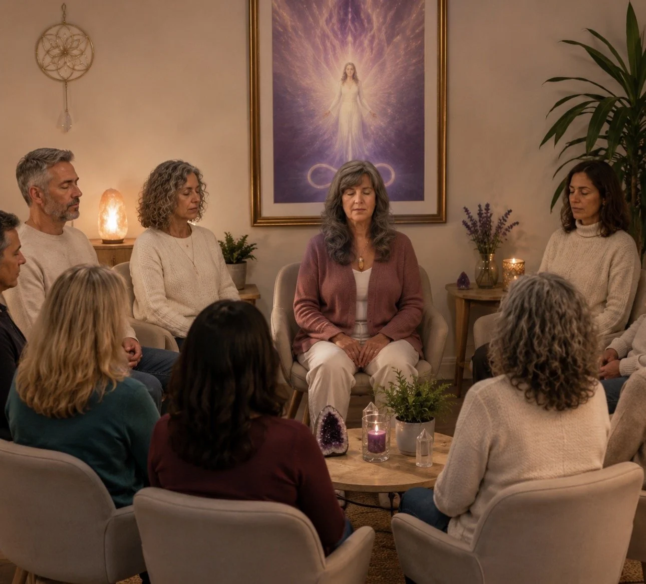 A group of people sitting in a circle, meditating in a cozy, softly lit room decorated with plants, candles, and crystals, with a spiritual painting of an angelic figure on the wall behind them.