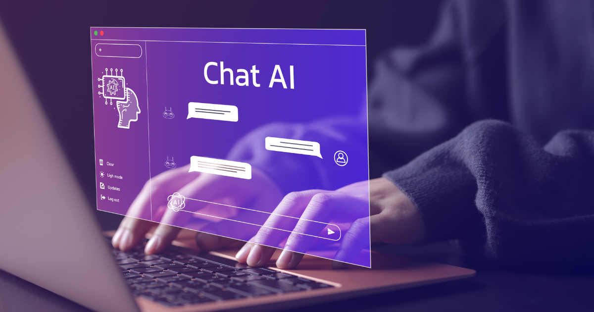 Close-up of hands typing on a laptop keyboard with a purple holographic Chat AI interface overlay, representing website optimization for AI search engines and LLM visibility at Roza Marketing.