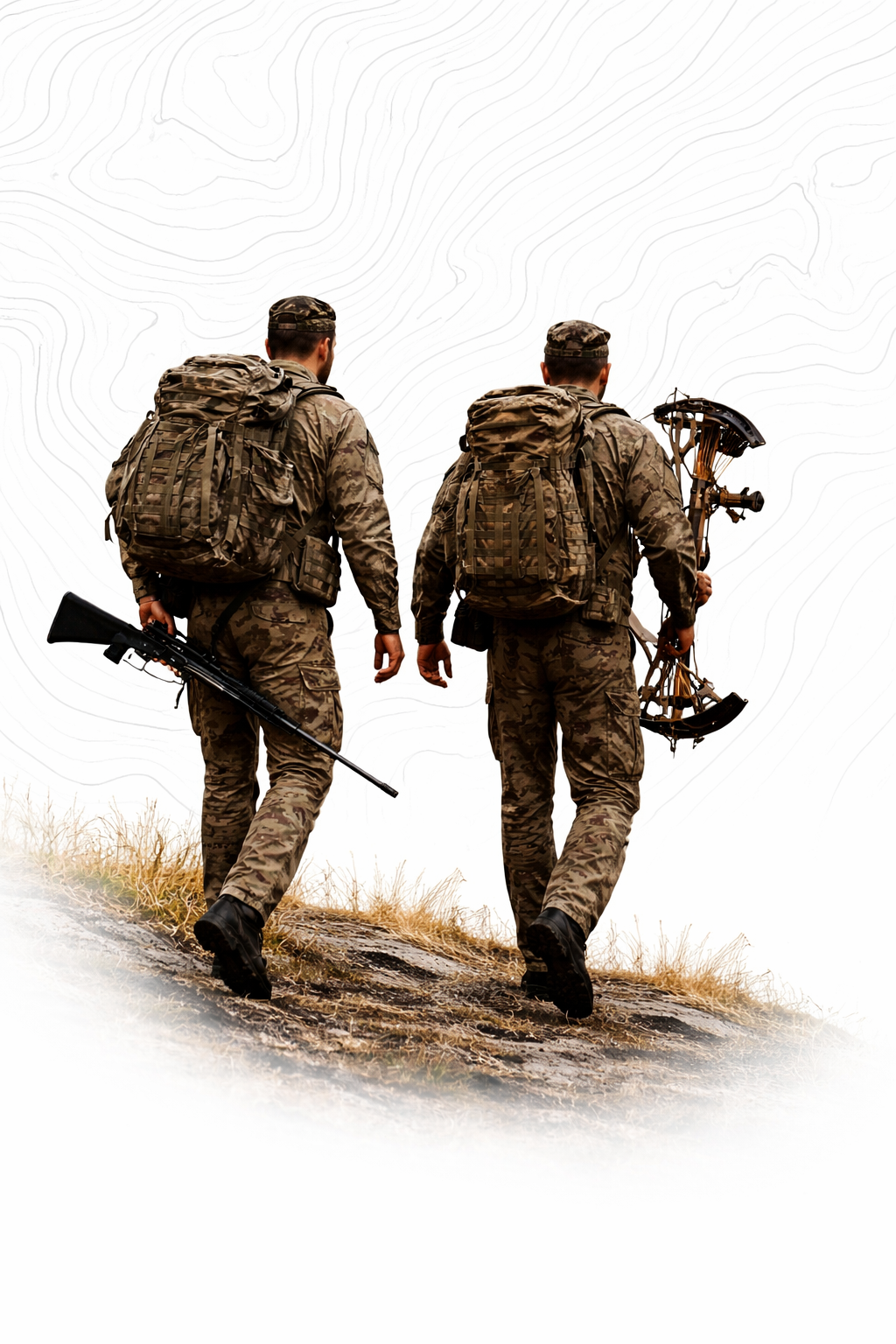 Two soldiers in camouflage uniform walking on rough terrain with backpacks, one carrying a rifle and the other holding a time-ray weapon.