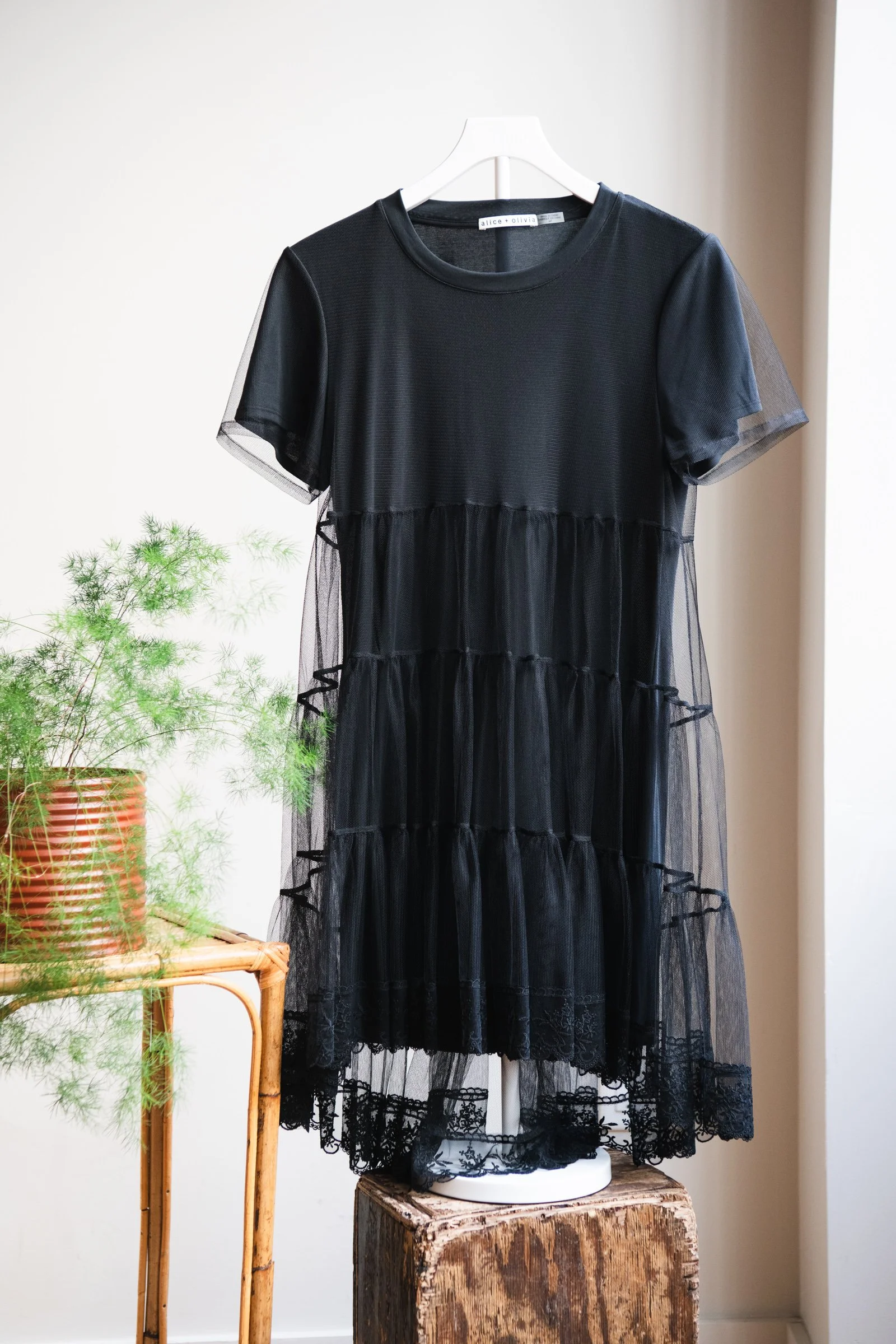 Alice & Olivia Black Cocktail Dress with Lace Overlay | Small