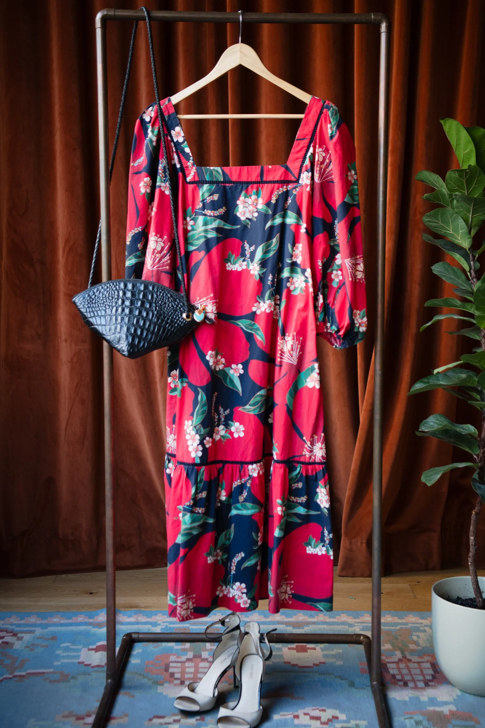 Farm Rio Puff Sleeve Red Floral Midi Dress | Large | One of a Kind