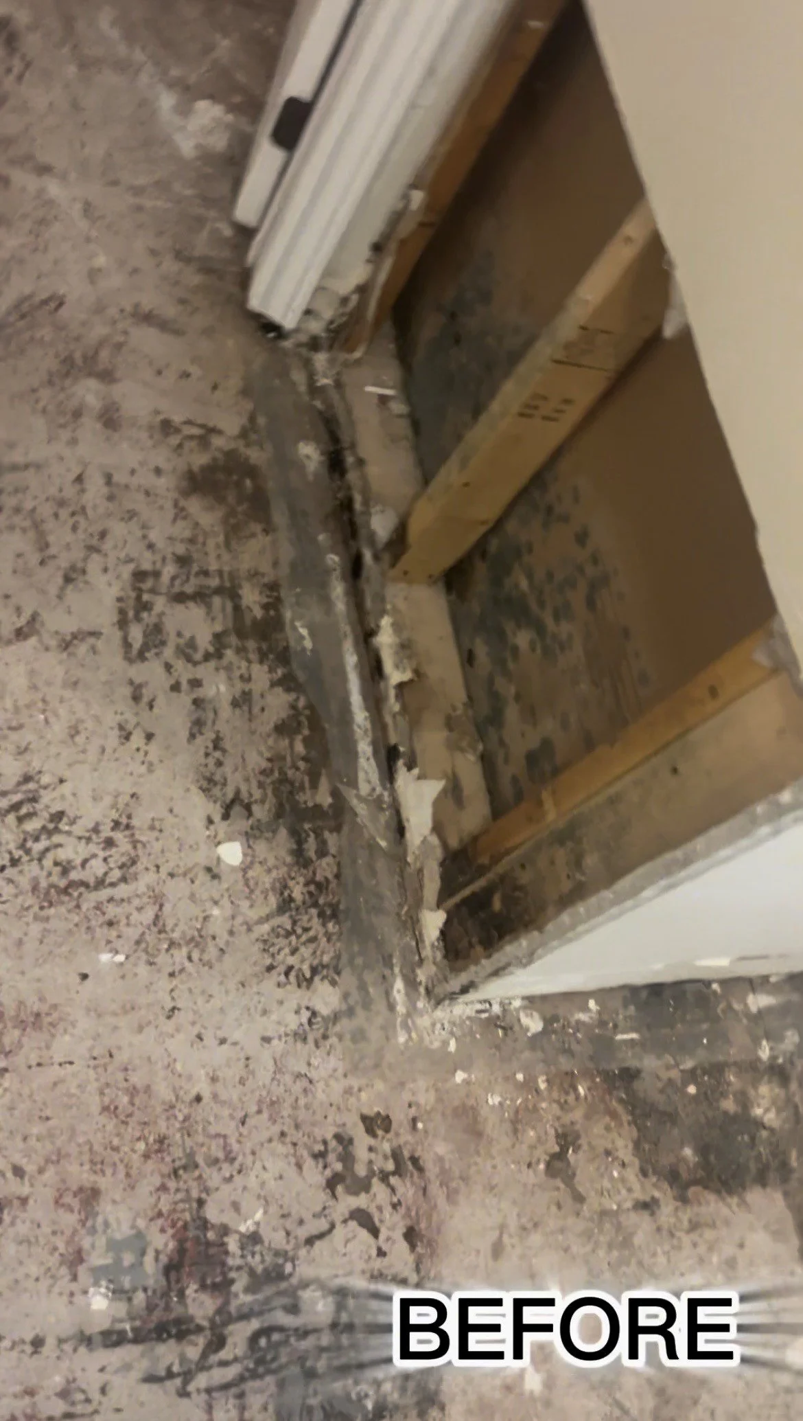 A partially demolished interior wall with exposed framing, debris on the floor, and a doorway frame without a door. The word 'BEFORE' is overlaid at the bottom.