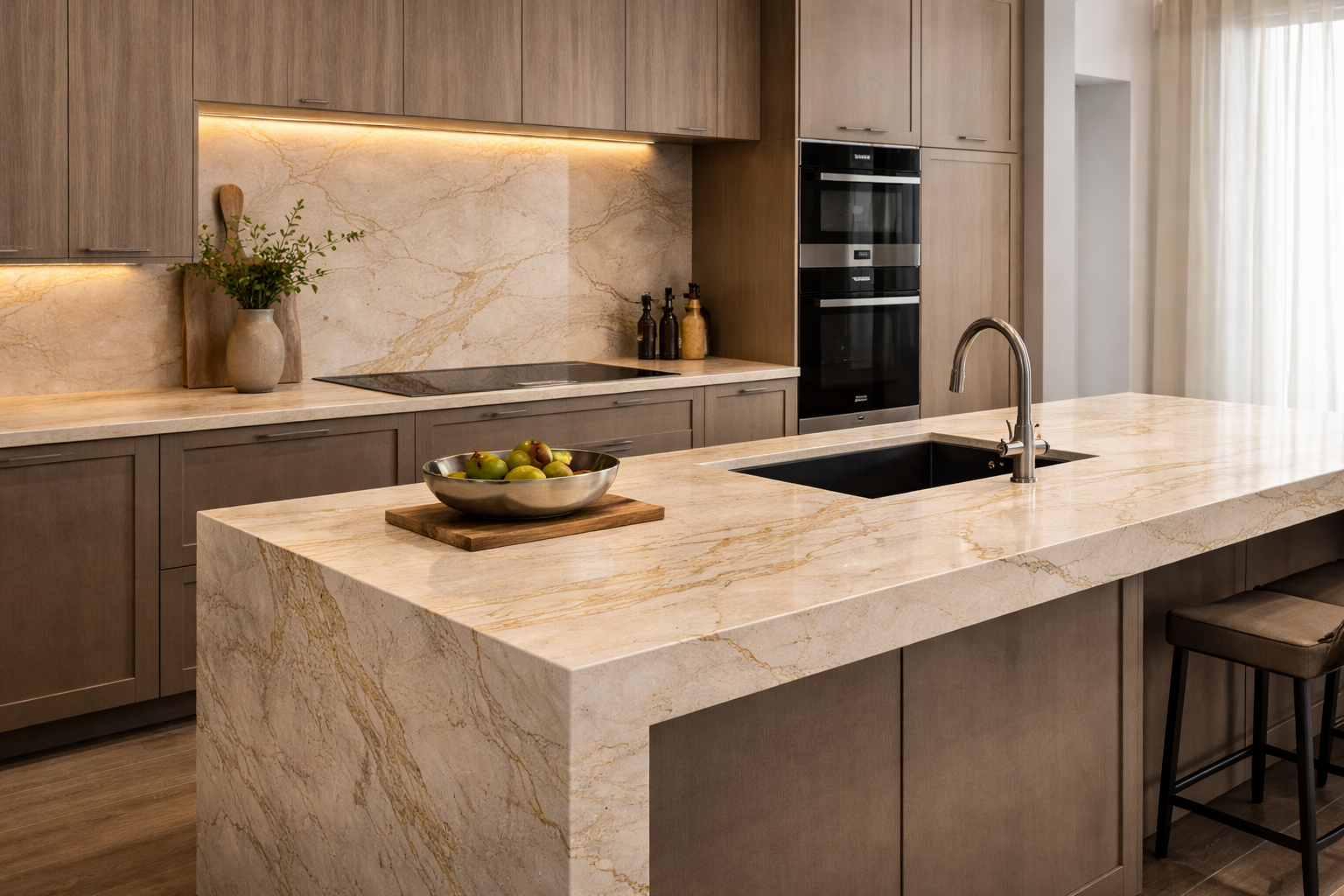 Modern kitchen with beige marble island, wooden cabinets, built-in oven, and a sink with a stainless steel faucet.