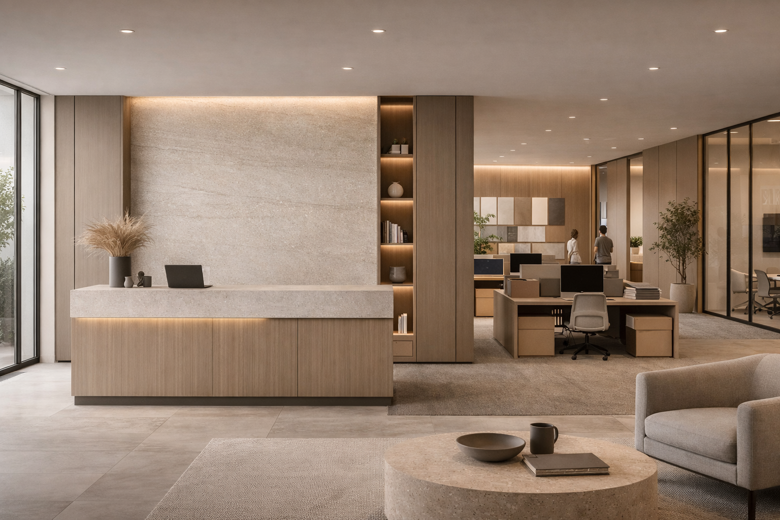 Modern office lobby with reception desk, beige decor, and workspace with computers and chairs.