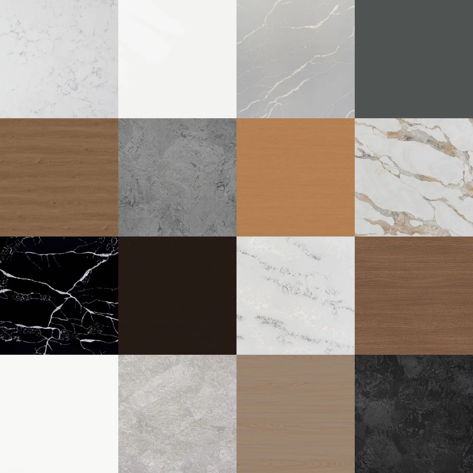 A grid of 16 square tiles featuring various textures and colors of stone, wood, and marble surfaces.