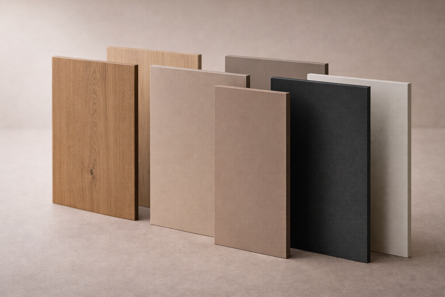 Several wooden and fabric sample panels in various neutral colors and textures displayed upright on a beige surface.