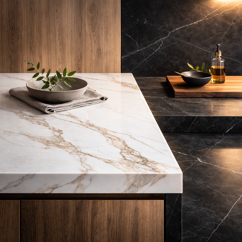 A kitchen countertop with a white marble surface featuring brown veining, next to a dark stone surface with white veining. A gray bowl with green leaves rests on a folded cloth on the white marble, while a wooden tray with a black bowl, a glass oil dispenser, and a spoon sits on the dark surface.