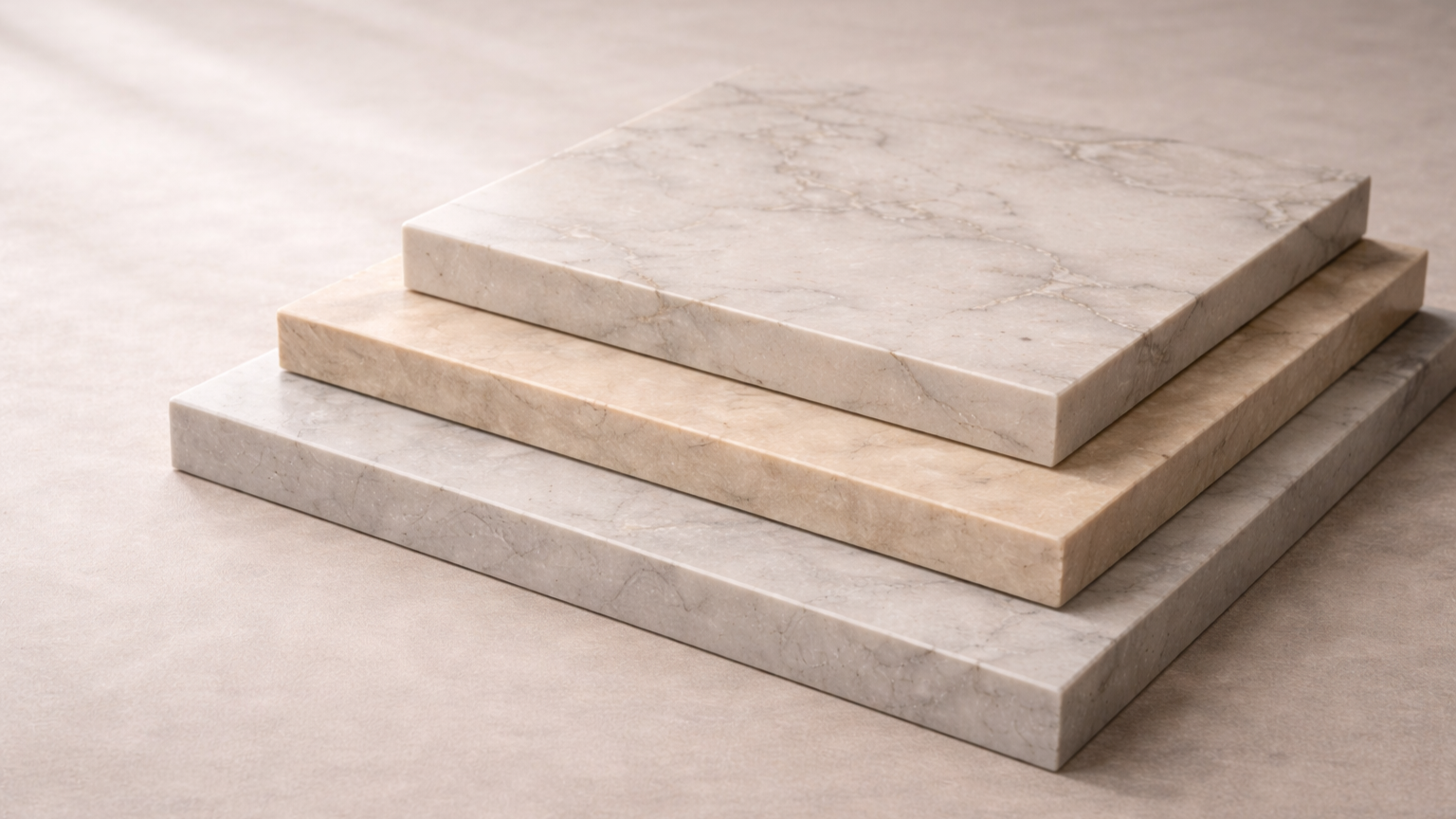 Stacked marble slabs in different shades of white and beige.