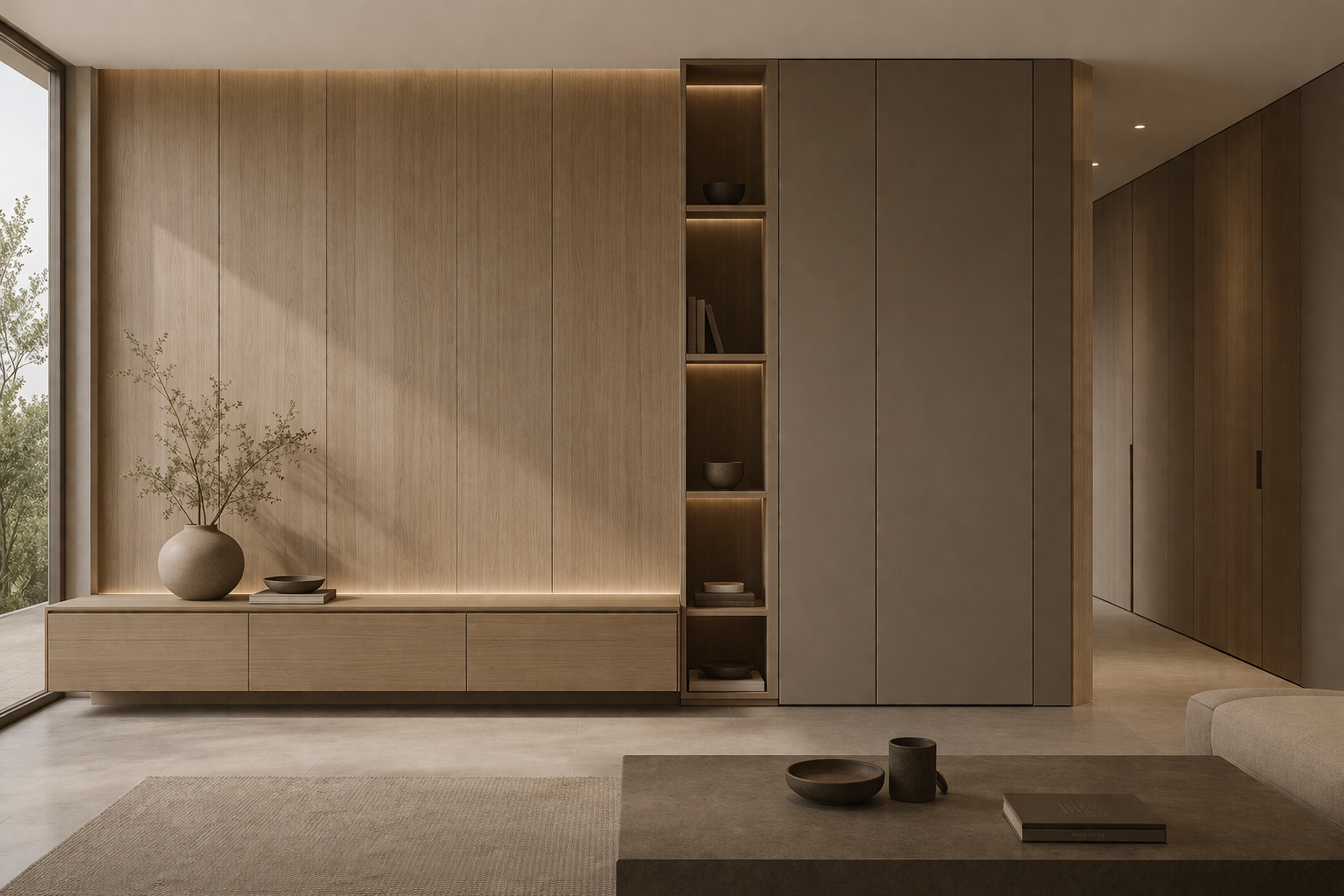 Minimalist living room with wooden wall paneling, a large vase with greenery, and built-in shelves with decor. Modern furniture and muted tones create a serene atmosphere.