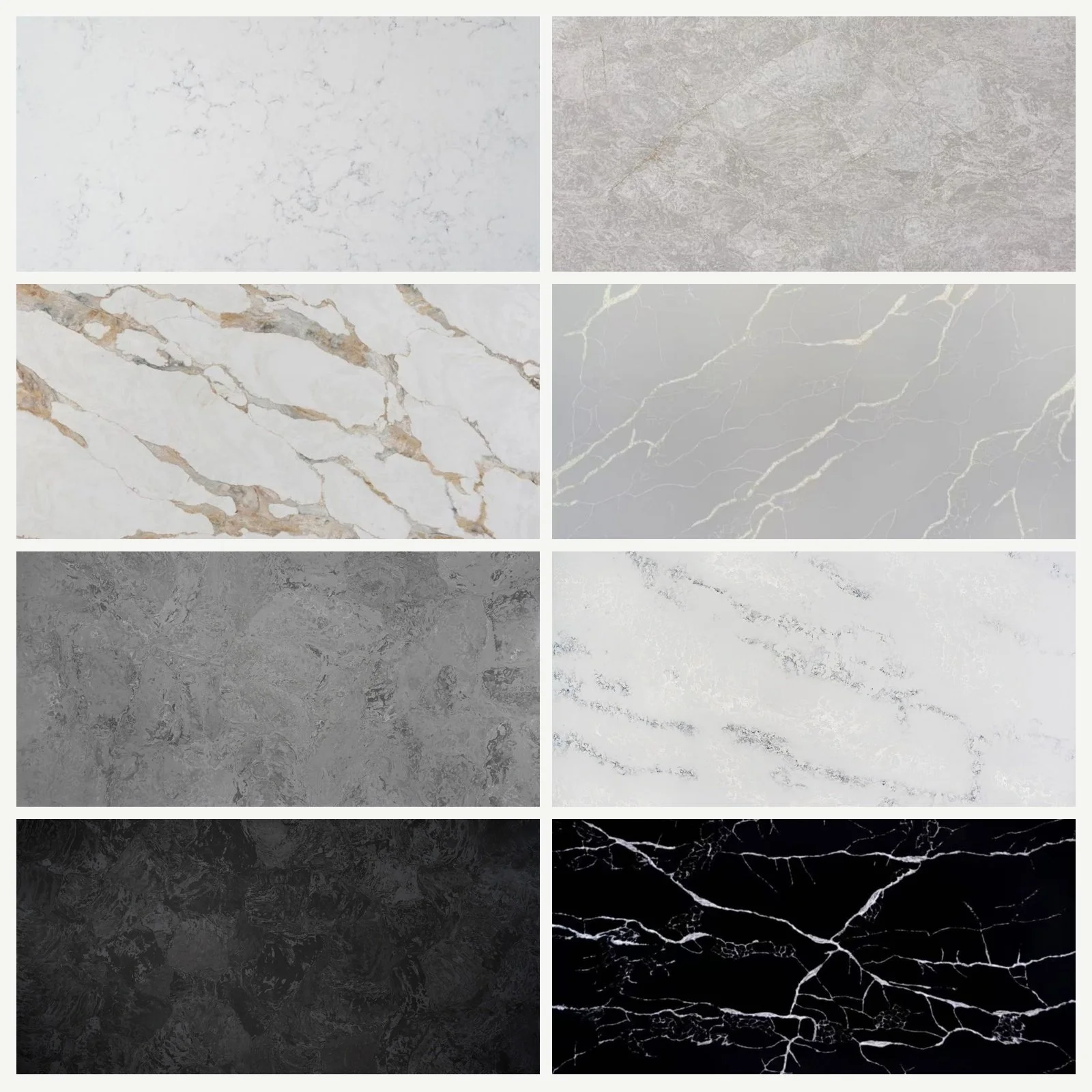 A collage of eight different marble surface textures in various shades of gray, white, and black with unique veining patterns.