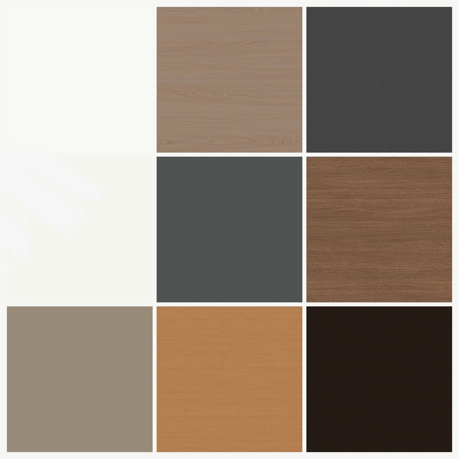 A collage of nine different wood textures and finishes, including light, dark, and medium shades of wood with various grain patterns.