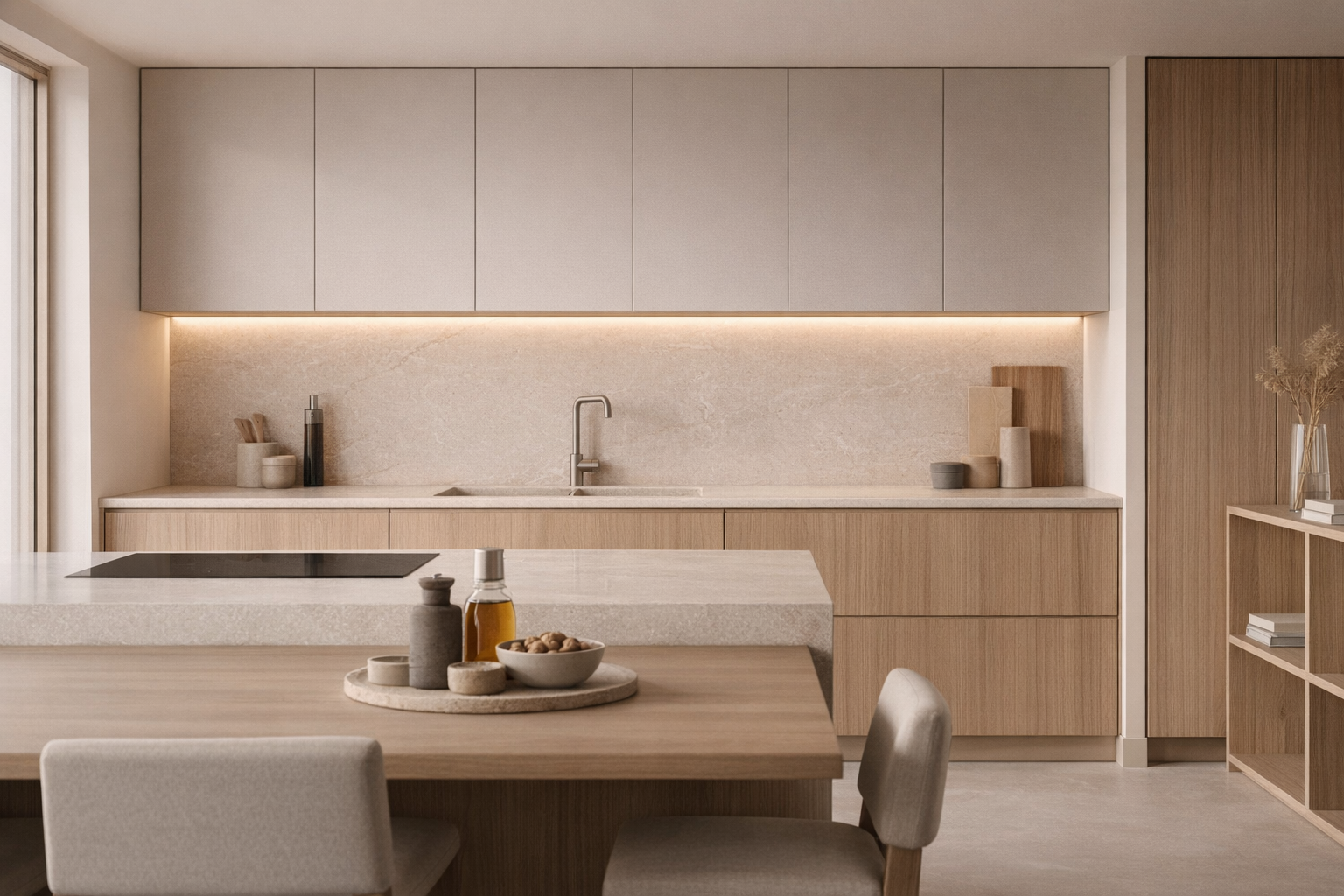 Minimalist kitchen with light wood cabinets, beige countertops, and a beige backsplash. A dining table with chairs is in the foreground, with decorative items and a bread basket on it. The kitchen has a modern faucet and lush, natural lighting.