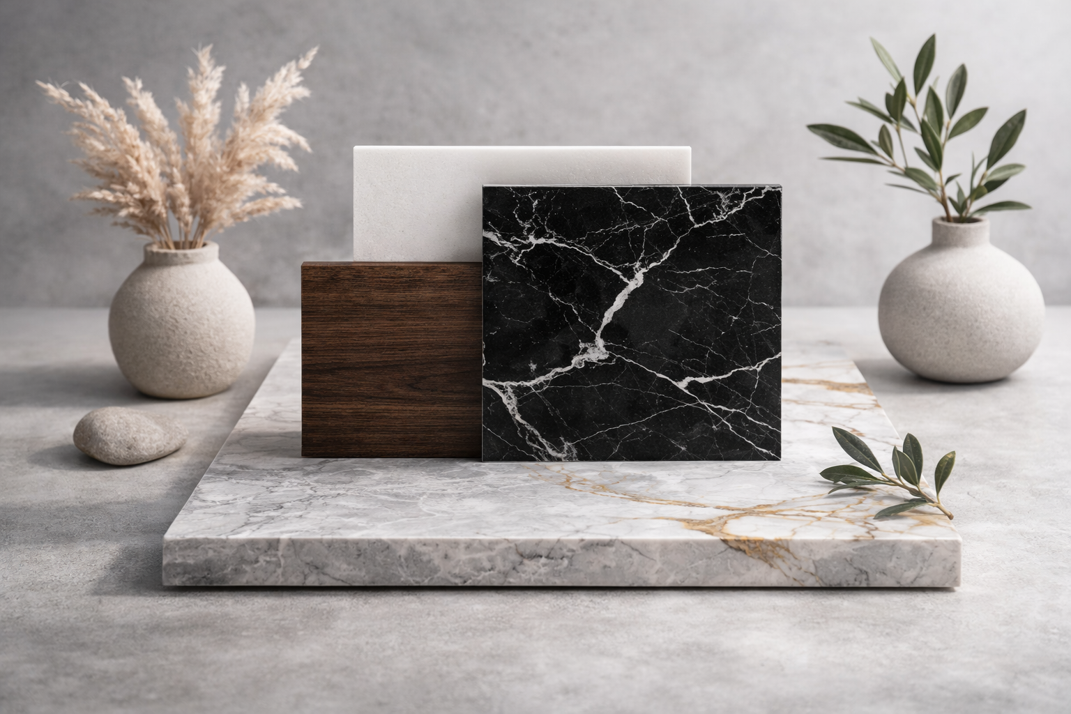 Arrangement of four sample tiles—white, dark wood, black marble, and light gray marble—on a marble slab with decorative vases and plants in the background.