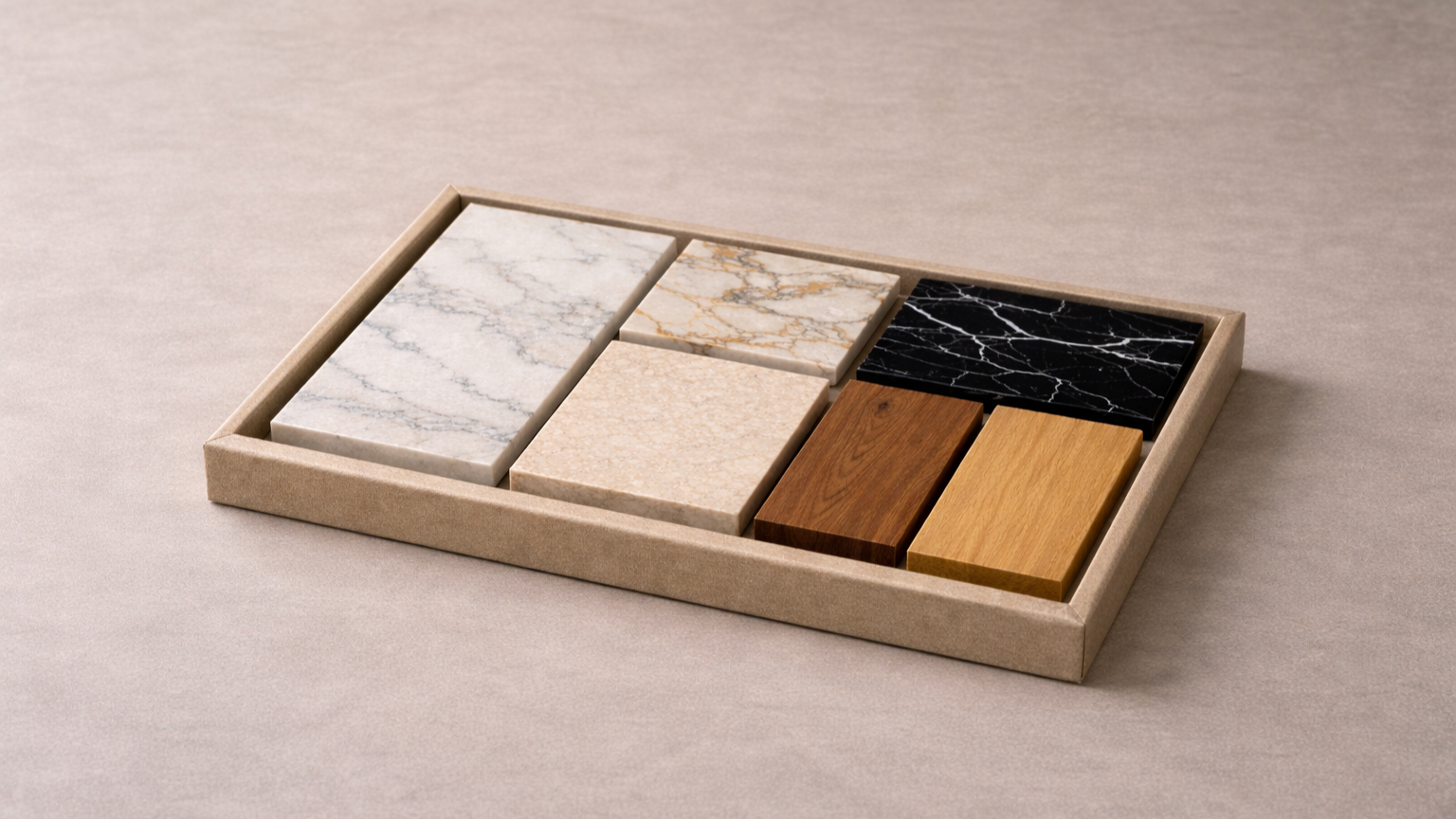 A rectangular tray with six samples of different marble and wood tiles arranged in two rows on a beige surface.