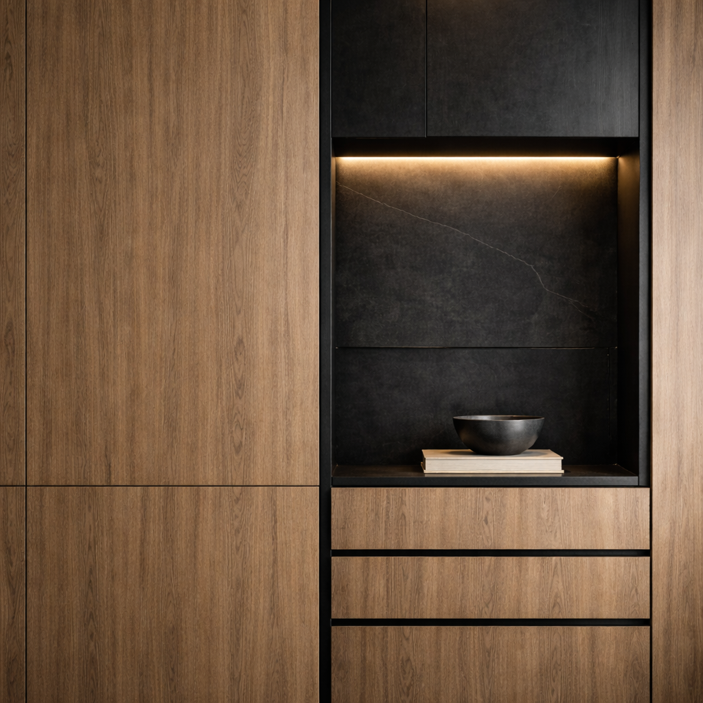 Modern wooden cabinet with black interior, displaying a black bowl on a stack of books, and illuminated with warm built-in lighting.