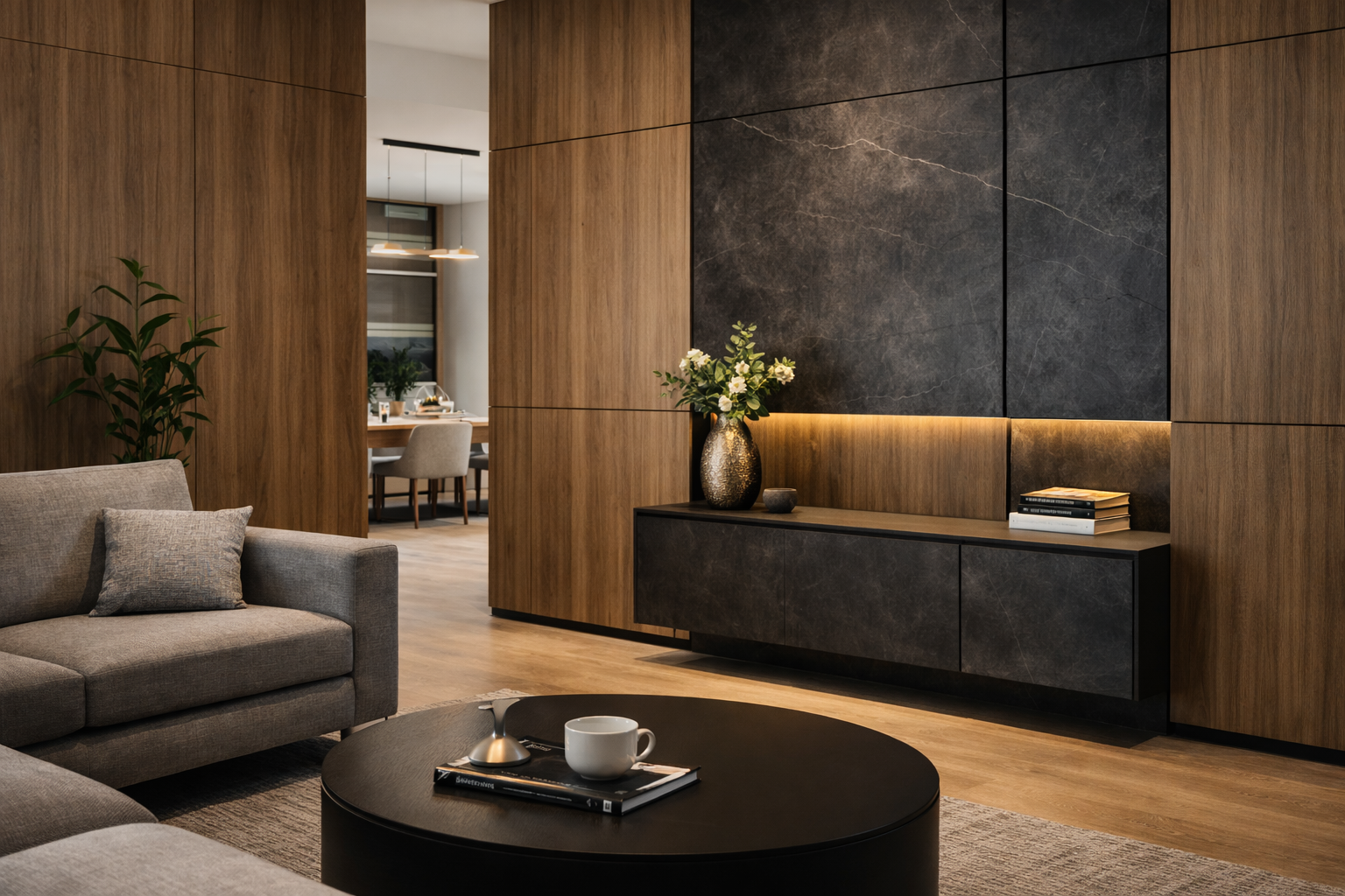 Modern living room with beige sofa, black coffee table with a teapot and mug, wooden wall panels, black marble cabinet with a floral vase, and a dining area in the background.