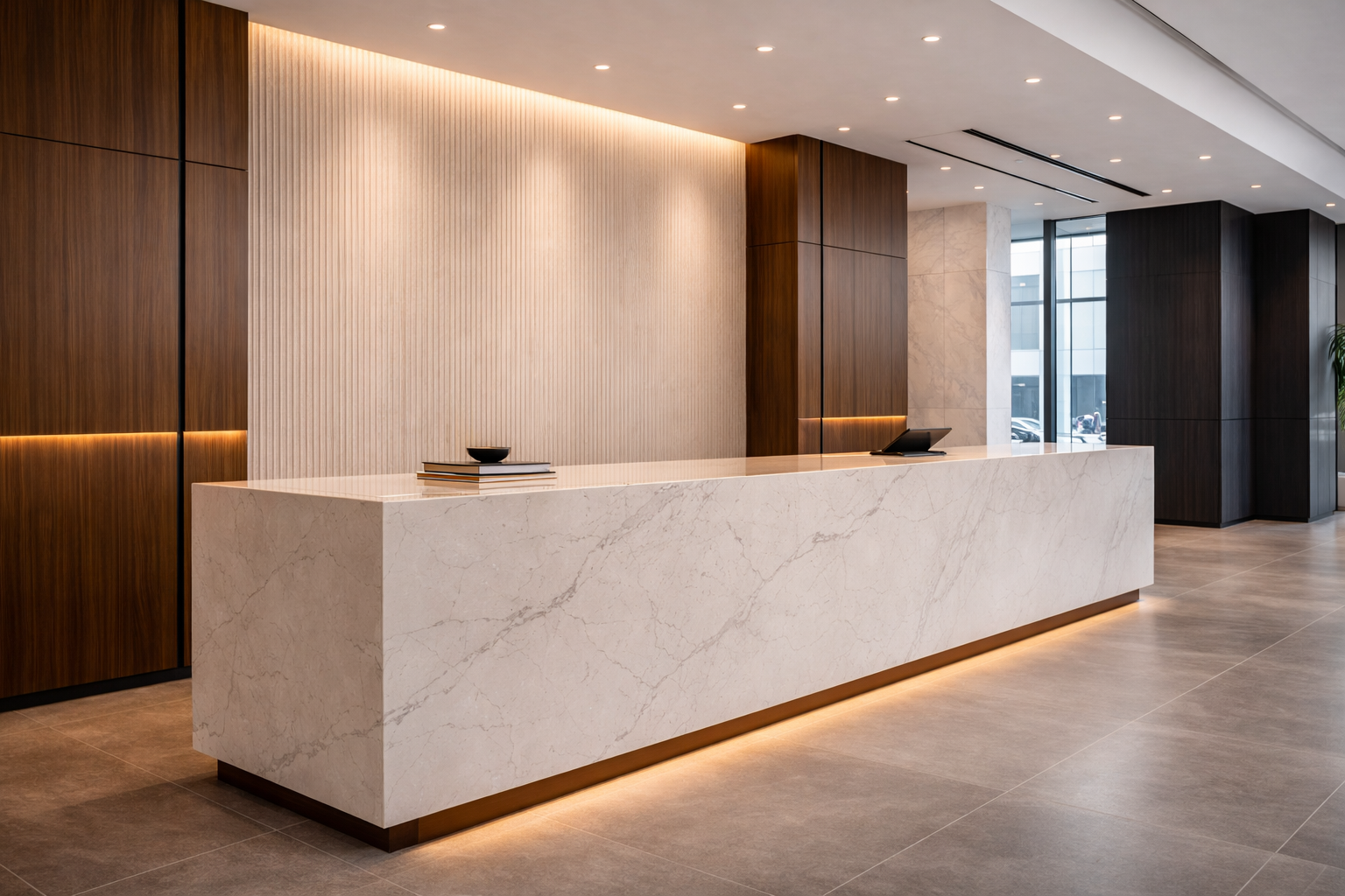 Modern hotel or office reception desk with a white marble surface, dark wooden panel accents, and a textured beige wall behind it, illuminated by recessed ceiling lights.