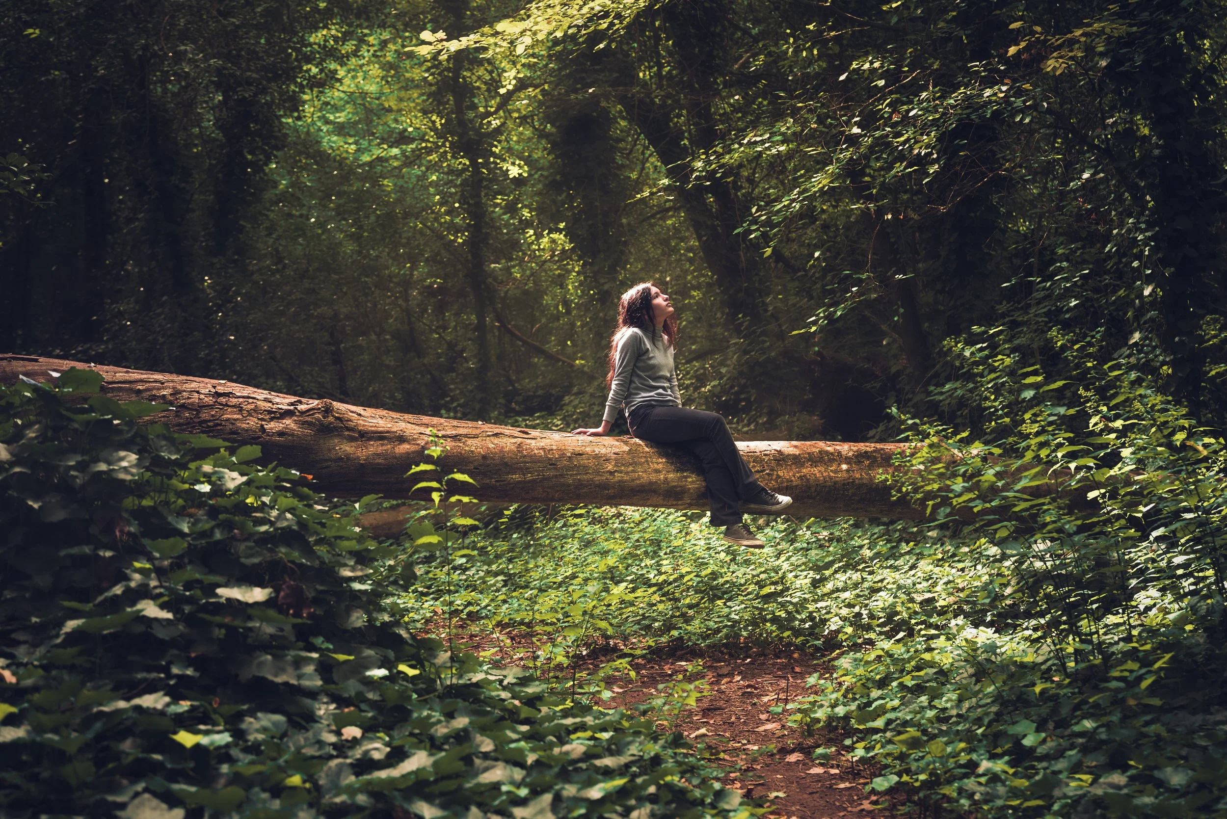 A woman leans on a fallen log. Her face is tilted toward the sky and she is bathed in sun dappled light in the forest.